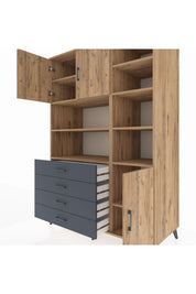 Kronos Dolap 9 Raflı 4 Çekmeceli 3 Kapaklı 132x59x195 Çam-Çam/Antrasit