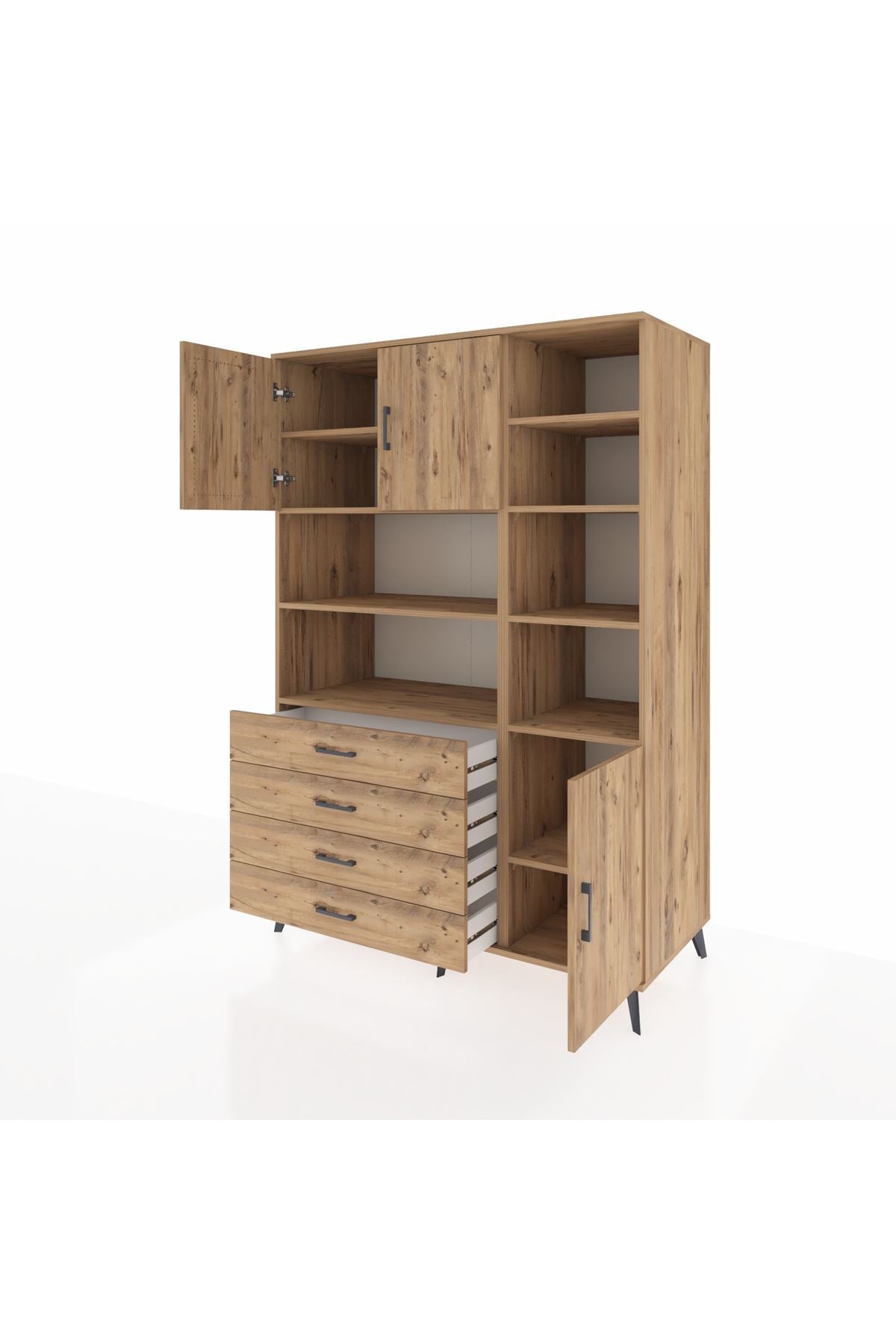 Kronos Dolap 9 Raflı 4 Çekmeceli 3 Kapaklı 132x59x195 Çam-Çam/Çam