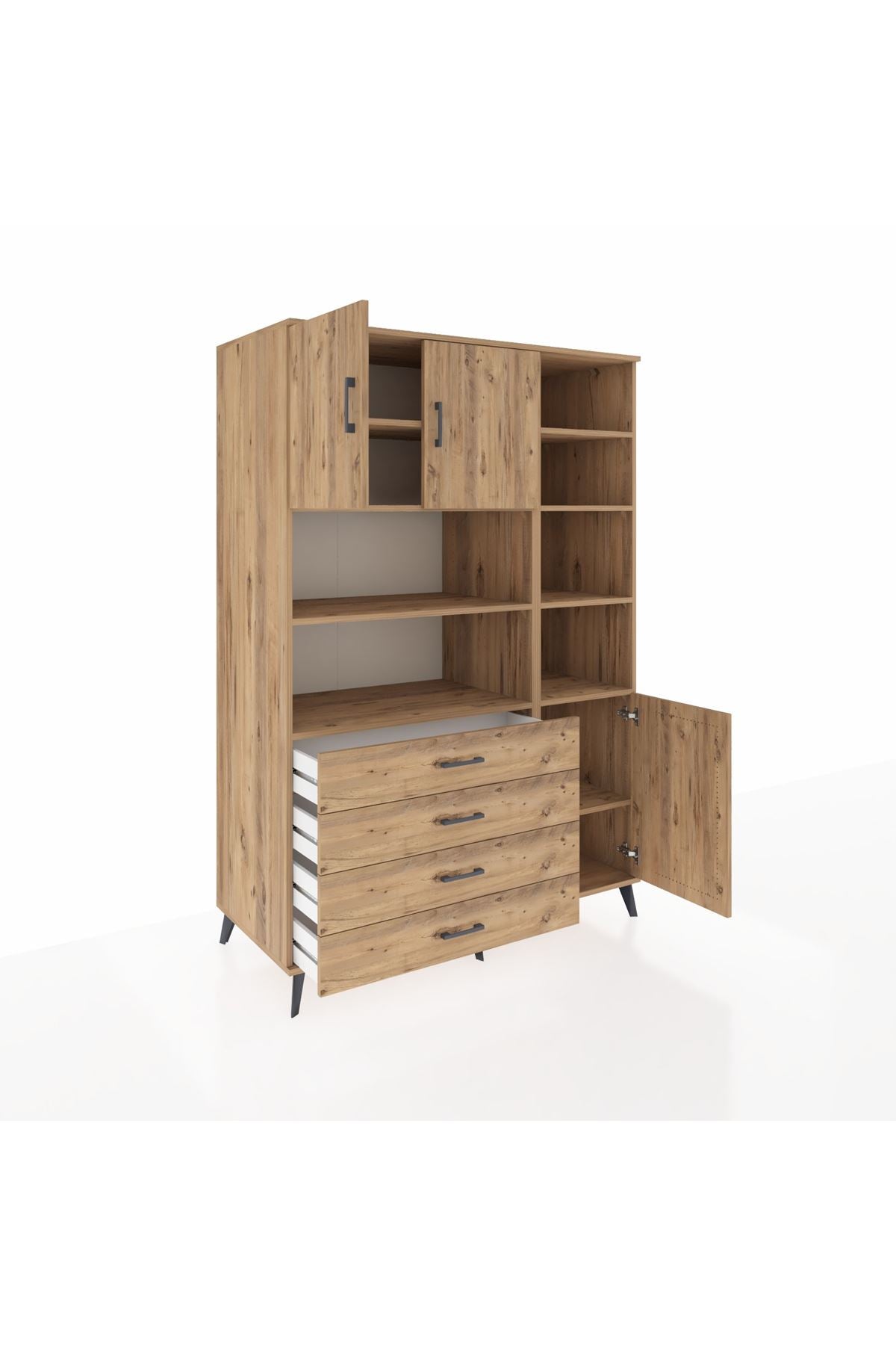 Kronos Dolap 9 Raflı 4 Çekmeceli 3 Kapaklı 132x59x195 Çam-Çam/Çam