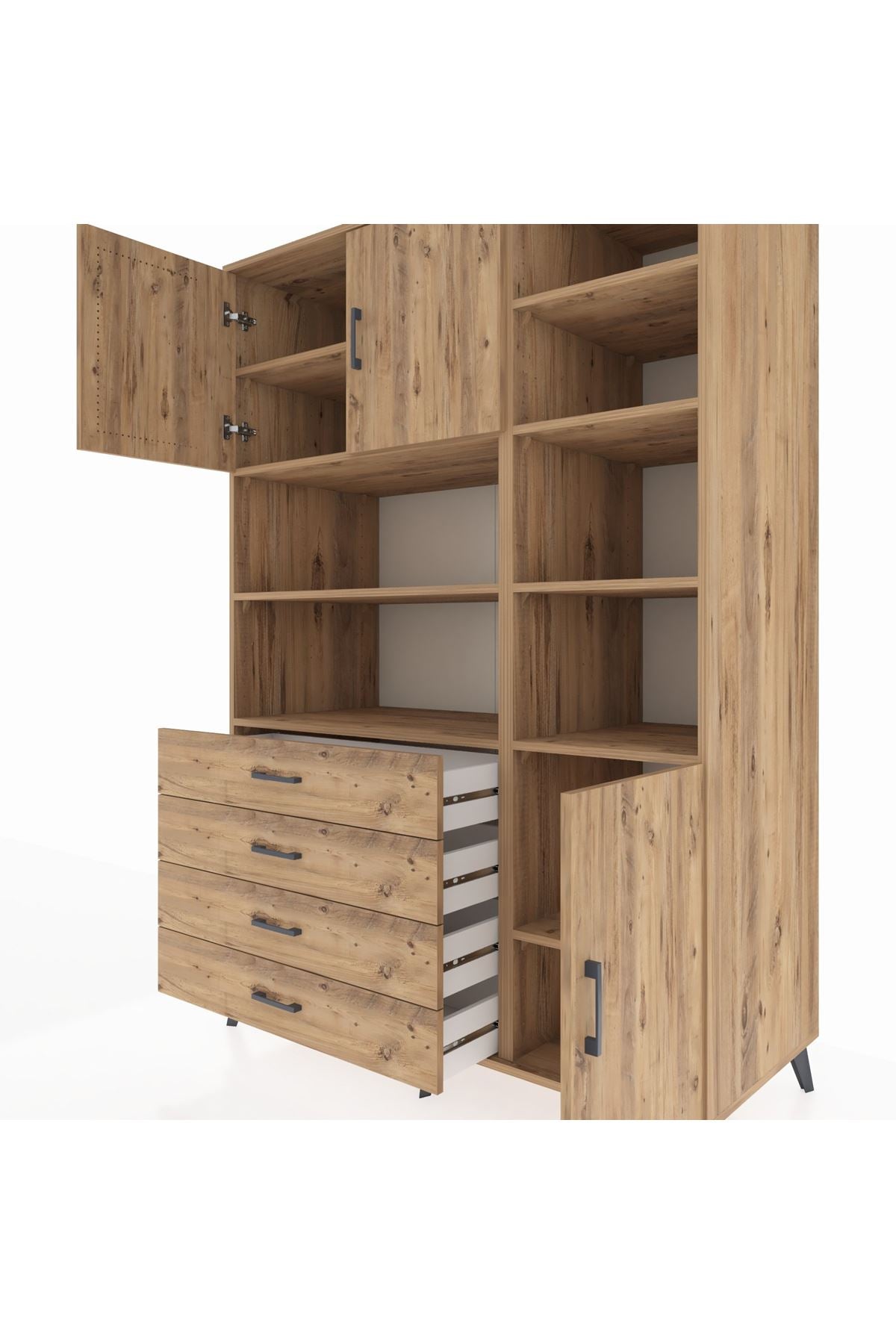 Kronos Dolap 9 Raflı 4 Çekmeceli 3 Kapaklı 132x59x195 Çam-Çam/Çam