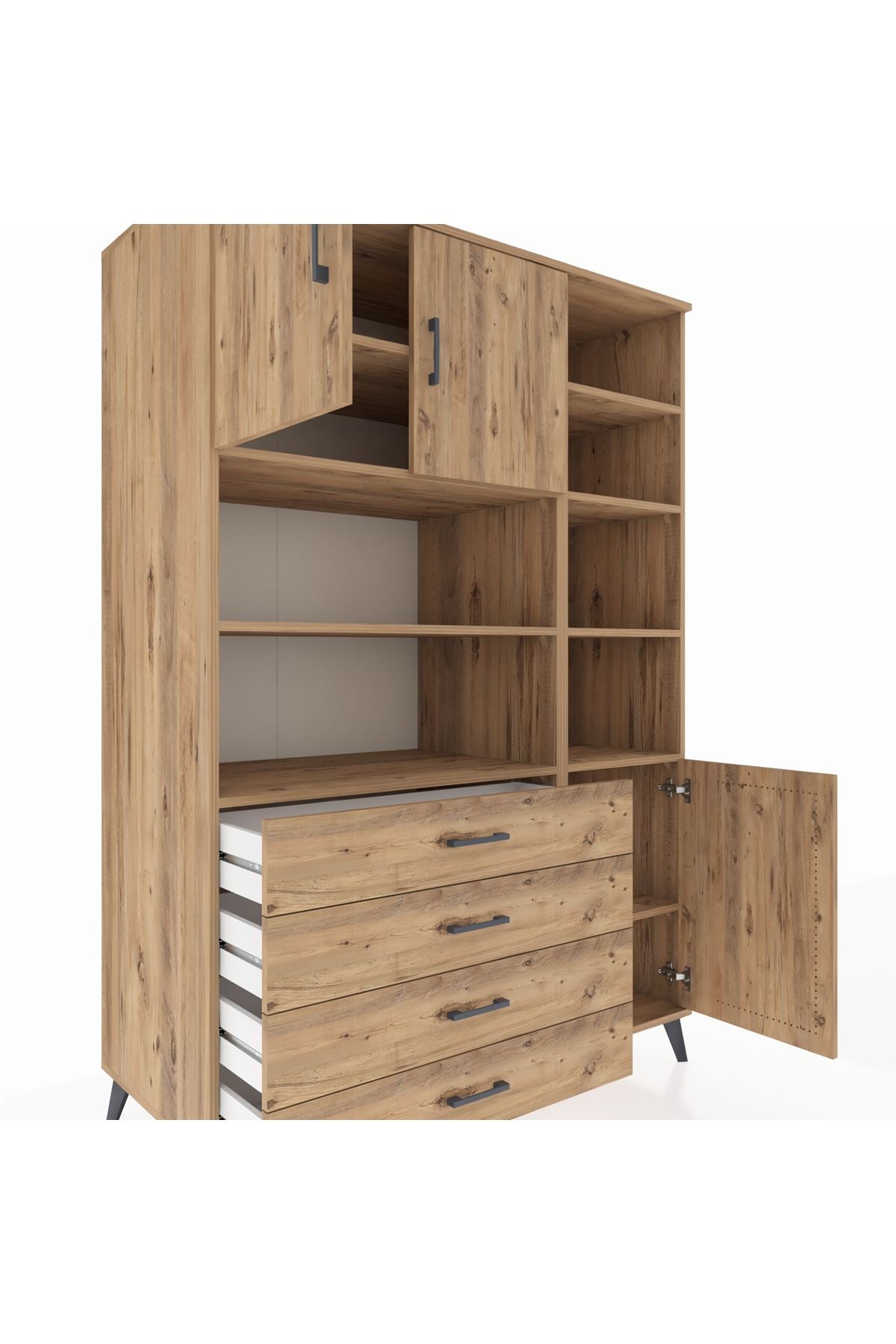 Kronos Dolap 9 Raflı 4 Çekmeceli 3 Kapaklı 132x59x195 Çam-Çam/Çam