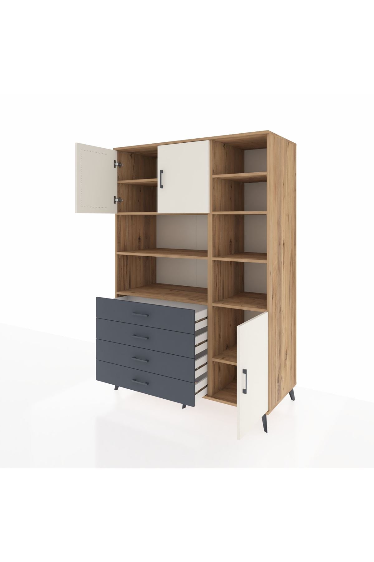 Kronos Dolap 9 Raflı 4 Çekmeceli 3 Kapaklı 132x59x195 Çam-Aytaşı/Antrasit