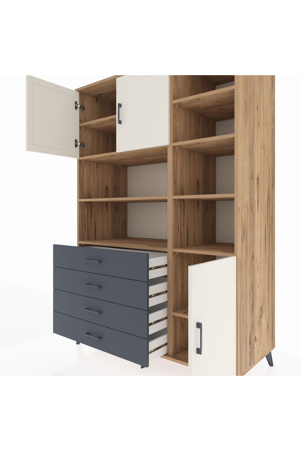 Kronos Dolap 9 Raflı 4 Çekmeceli 3 Kapaklı 132x59x195 Çam-Aytaşı/Antrasit