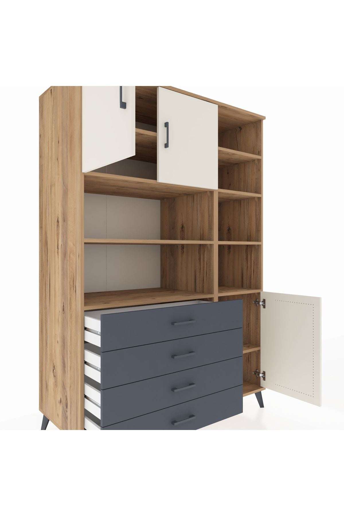 Kronos Dolap 9 Raflı 4 Çekmeceli 3 Kapaklı 132x59x195 Çam-Aytaşı/Antrasit