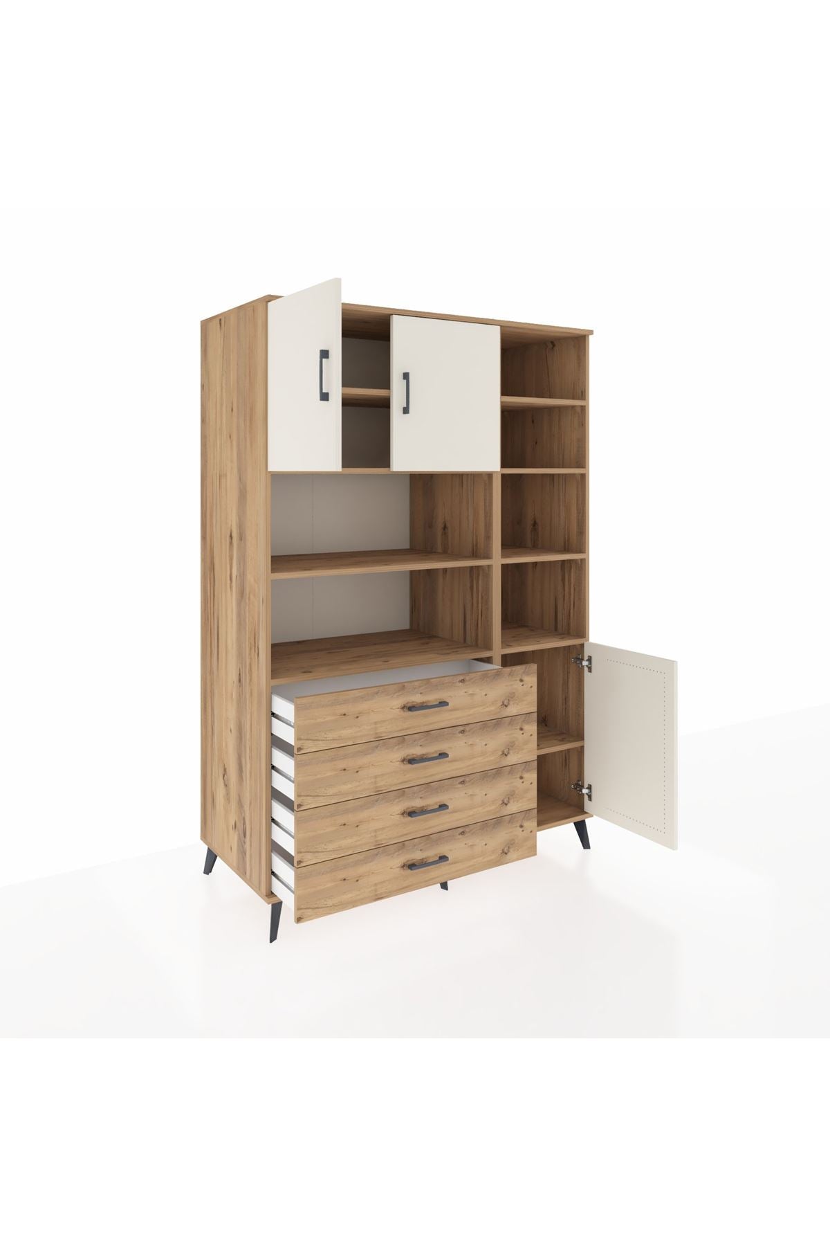 Kronos Dolap 9 Raflı 4 Çekmeceli 3 Kapaklı 132x59x195 Çam-Aytaşı/Çam