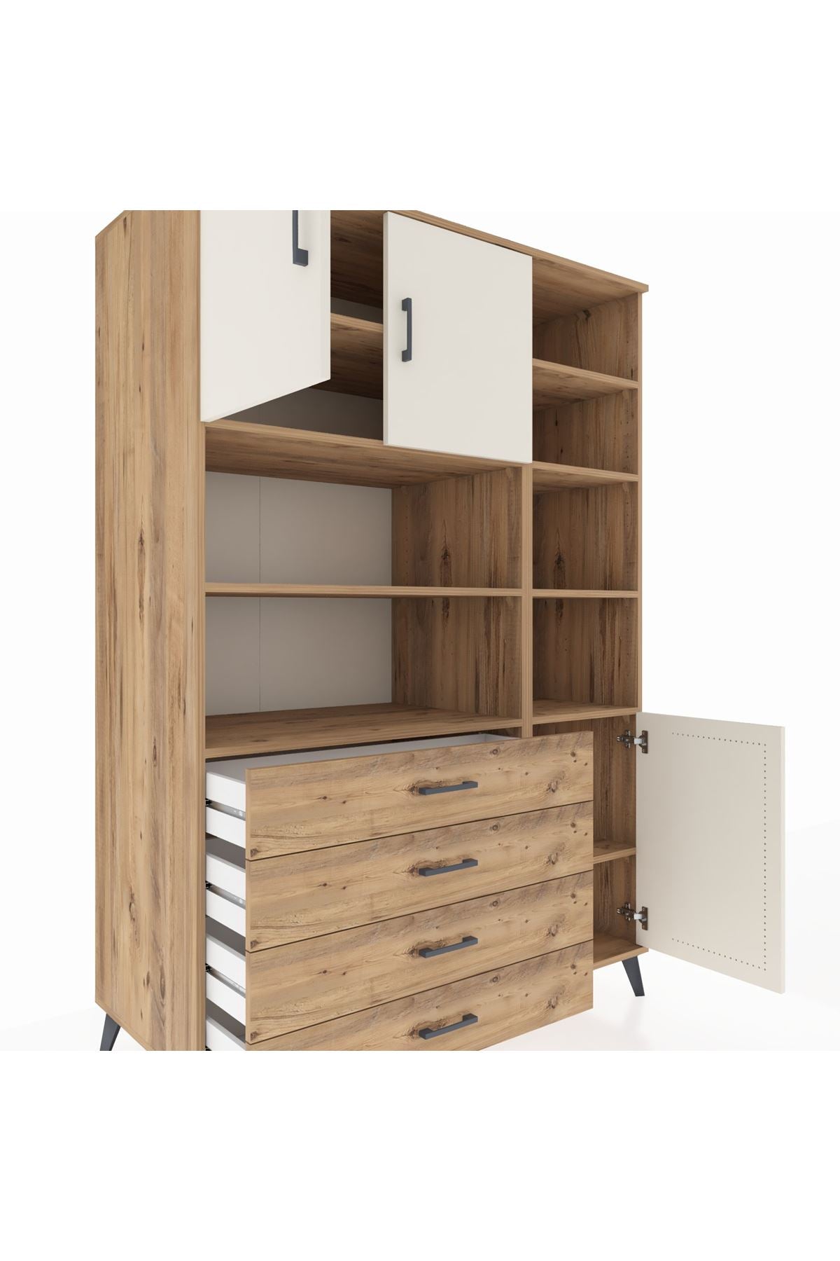 Kronos Dolap 9 Raflı 4 Çekmeceli 3 Kapaklı 132x59x195 Çam-Aytaşı/Çam