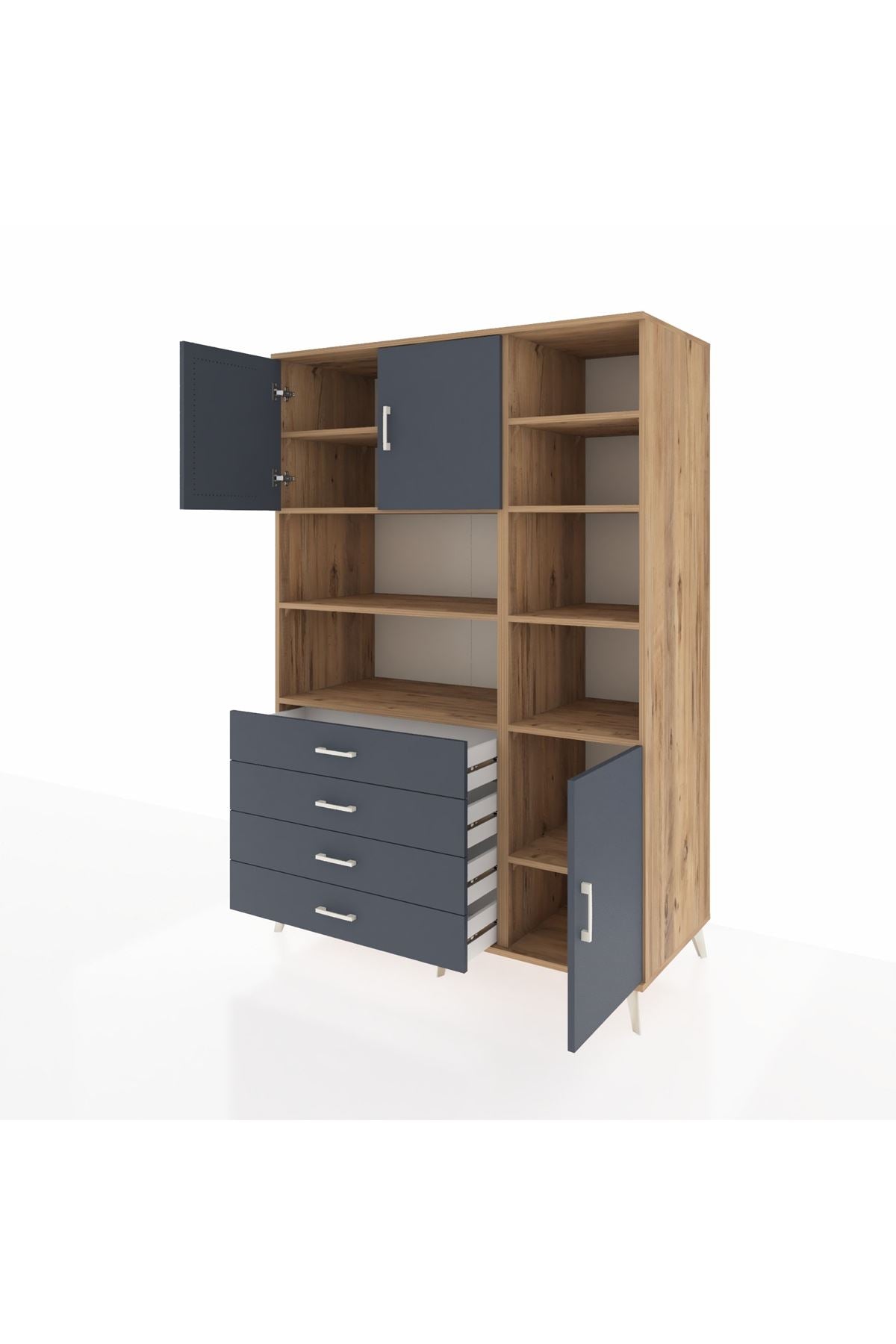 Kronos Dolap 9 Raflı 4 Çekmeceli 3 Kapaklı 132x59x195 Çam-Antrasit/Antrasit