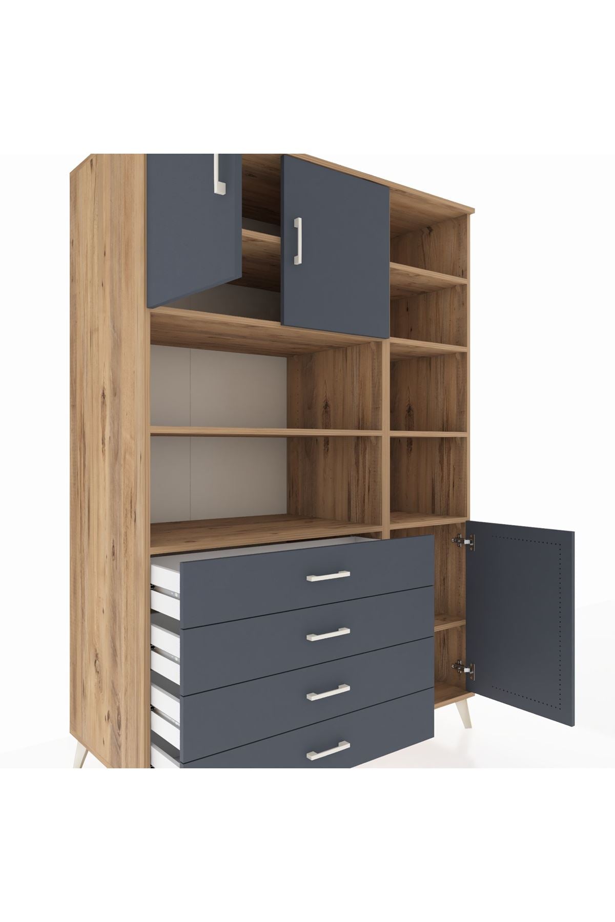 Kronos Dolap 9 Raflı 4 Çekmeceli 3 Kapaklı 132x59x195 Çam-Antrasit/Antrasit