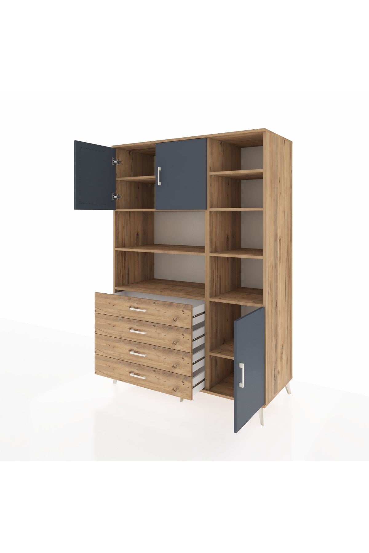 Kronos Dolap 9 Raflı 4 Çekmeceli 3 Kapaklı 132x59x195 Çam-Antrasit/Çam