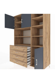 Kronos Dolap 9 Raflı 4 Çekmeceli 3 Kapaklı 132x59x195 Çam-Antrasit/Çam