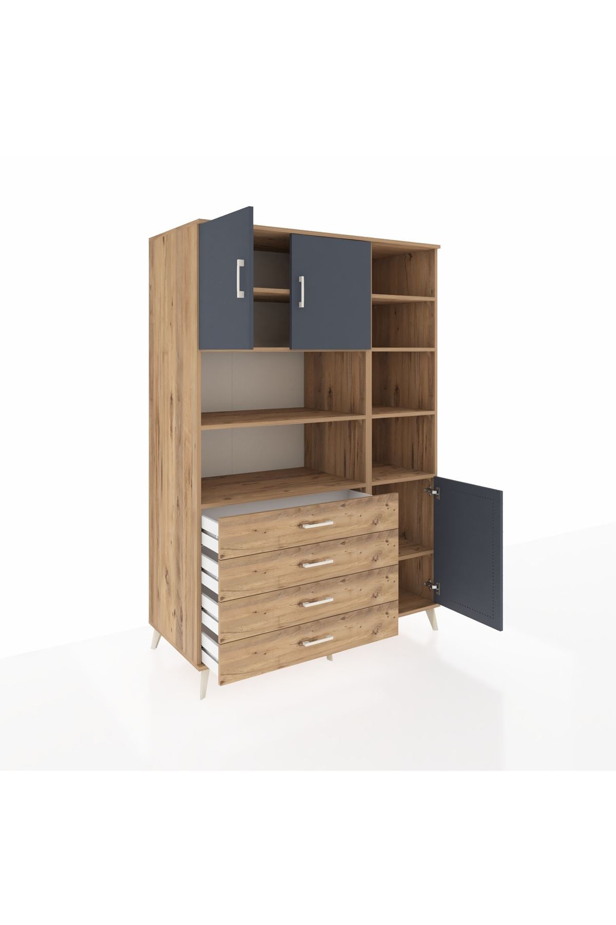 Kronos Dolap 9 Raflı 4 Çekmeceli 3 Kapaklı 132x59x195 Çam-Antrasit/Çam