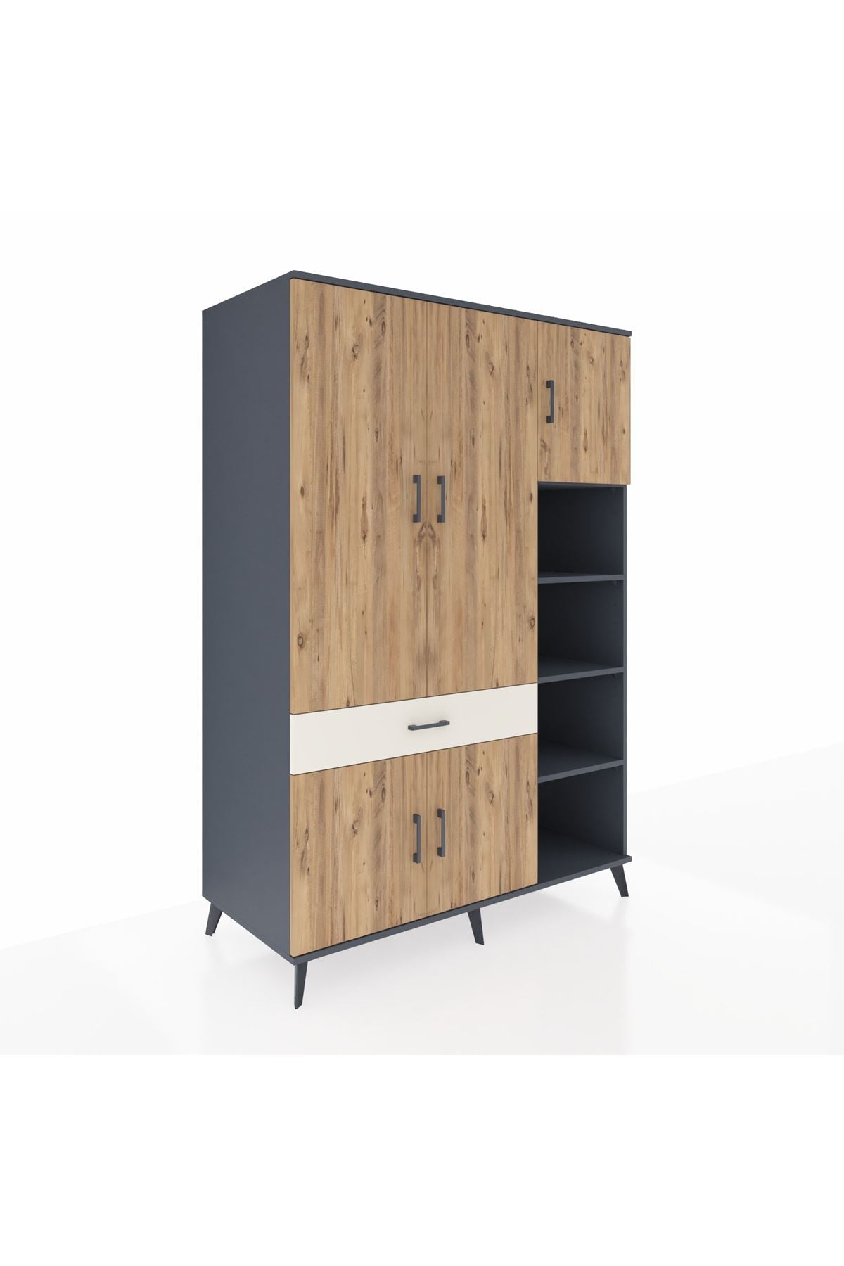 Kronos Dolap 10 Raflı Tek Çekmeceli 5 Kapaklı 132x59x195 Antrasit-Çam/Aytaşı