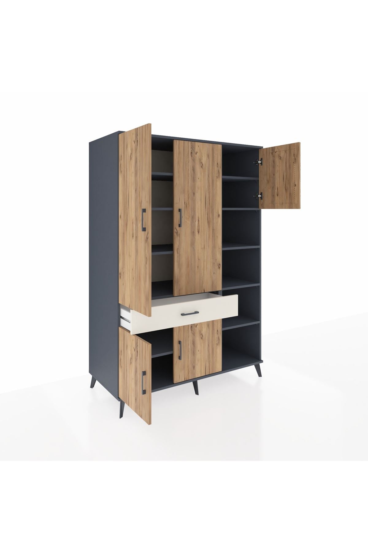 Kronos Dolap 10 Raflı Tek Çekmeceli 5 Kapaklı 132x59x195 Antrasit-Çam/Aytaşı