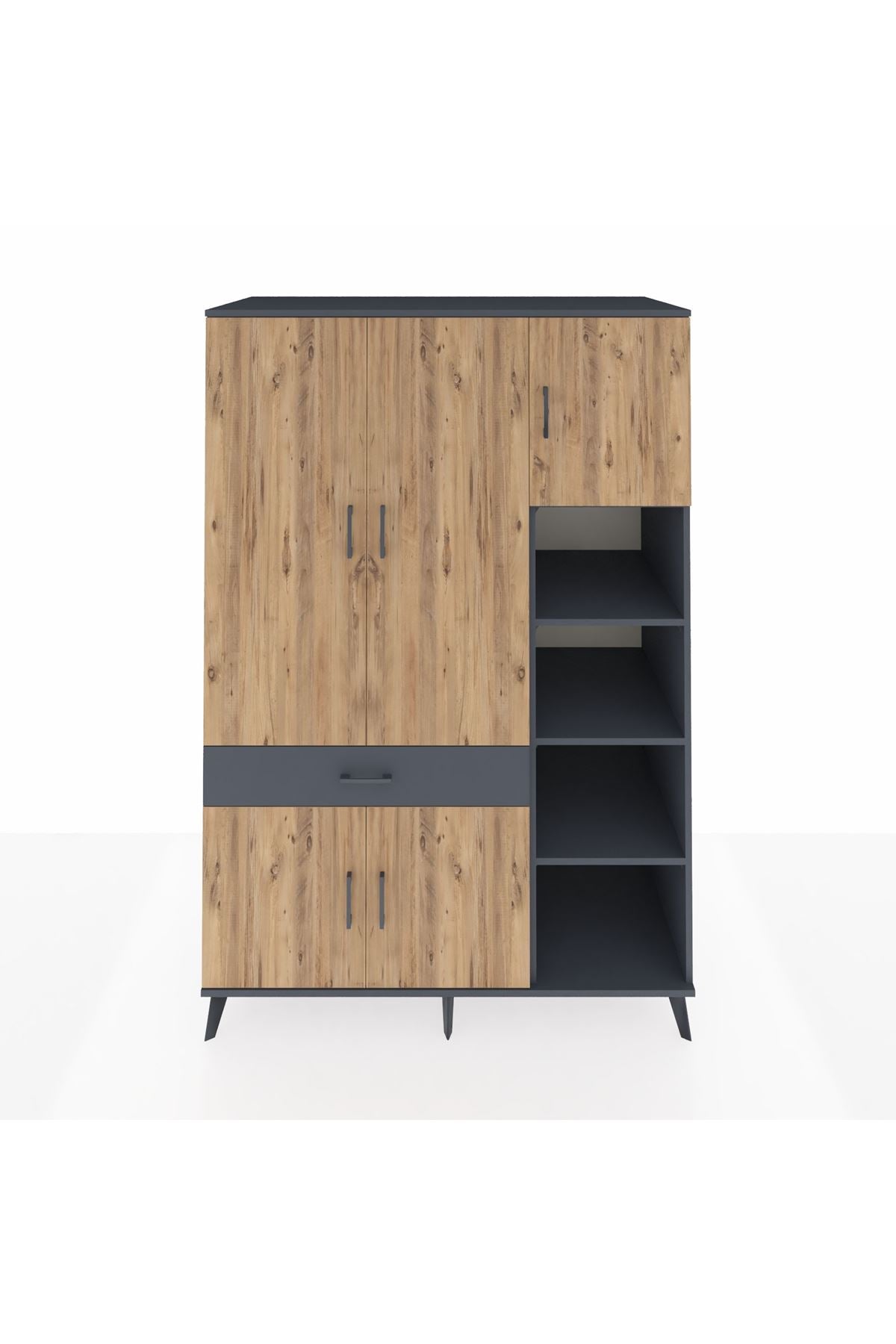 Kronos Dolap 10 Raflı Tek Çekmeceli 5 Kapaklı 132x59x195 Antrasit-Çam/Antrasit