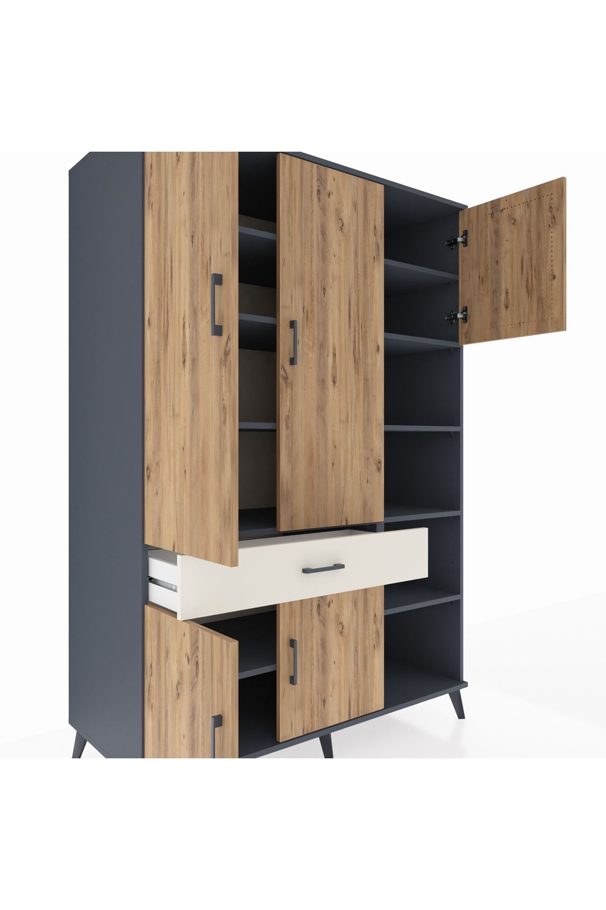 Kronos Dolap 10 Raflı Tek Çekmeceli 5 Kapaklı 132x59x195 Antrasit-Çam/Aytaşı