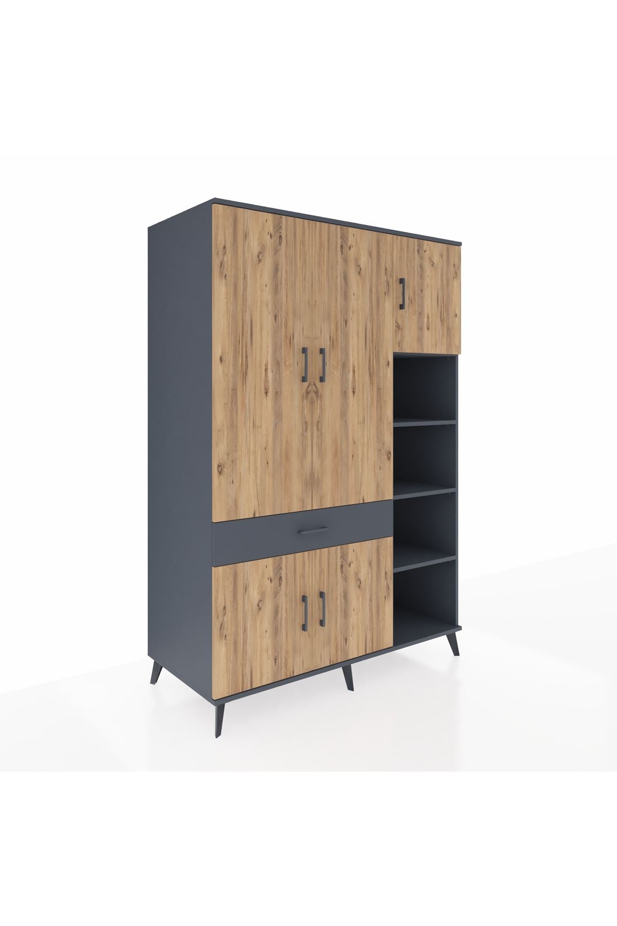 Kronos Dolap 10 Raflı Tek Çekmeceli 5 Kapaklı 132x59x195 Antrasit-Çam/Antrasit