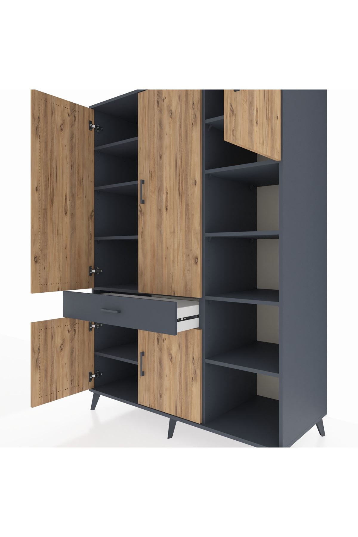 Kronos Dolap 10 Raflı Tek Çekmeceli 5 Kapaklı 132x59x195 Antrasit-Çam/Antrasit