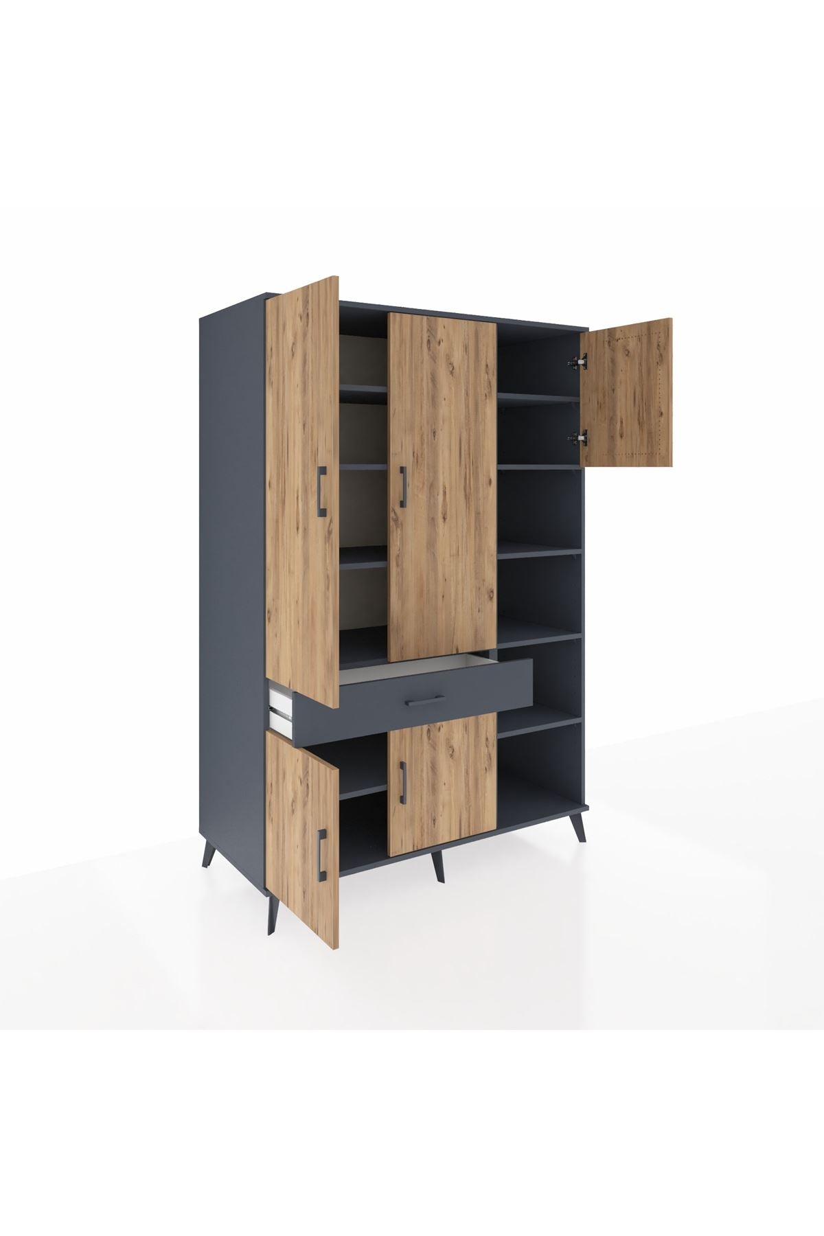 Kronos Dolap 10 Raflı Tek Çekmeceli 5 Kapaklı 132x59x195 Antrasit-Çam/Antrasit