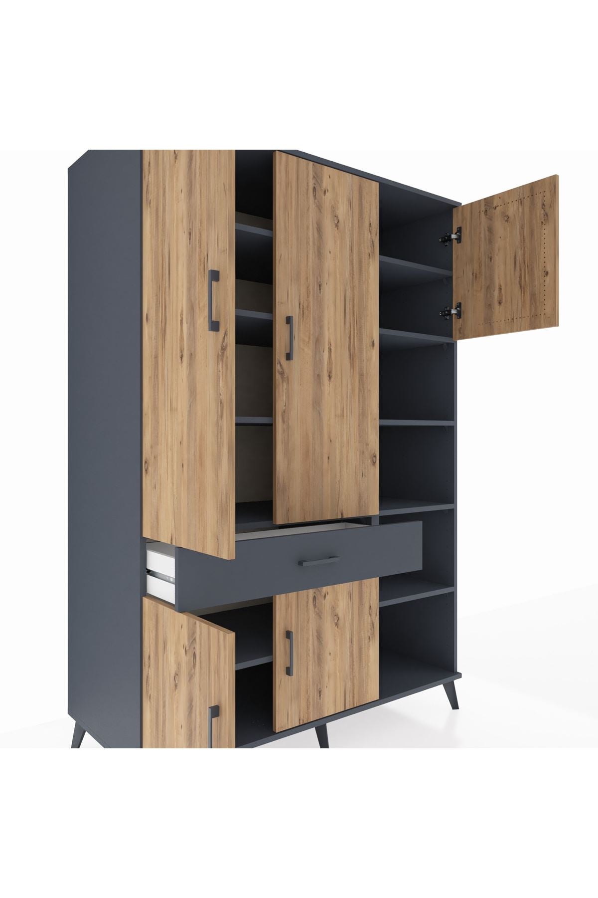 Kronos Dolap 10 Raflı Tek Çekmeceli 5 Kapaklı 132x59x195 Antrasit-Çam/Antrasit