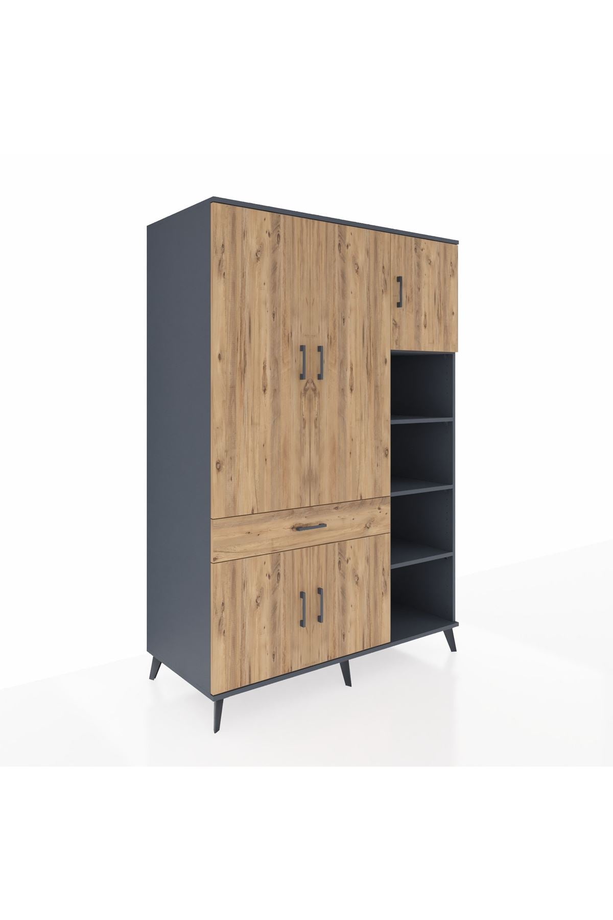 Kronos Dolap 10 Raflı Tek Çekmeceli 5 Kapaklı 132x59x195 Antrasit-Çam/Çam