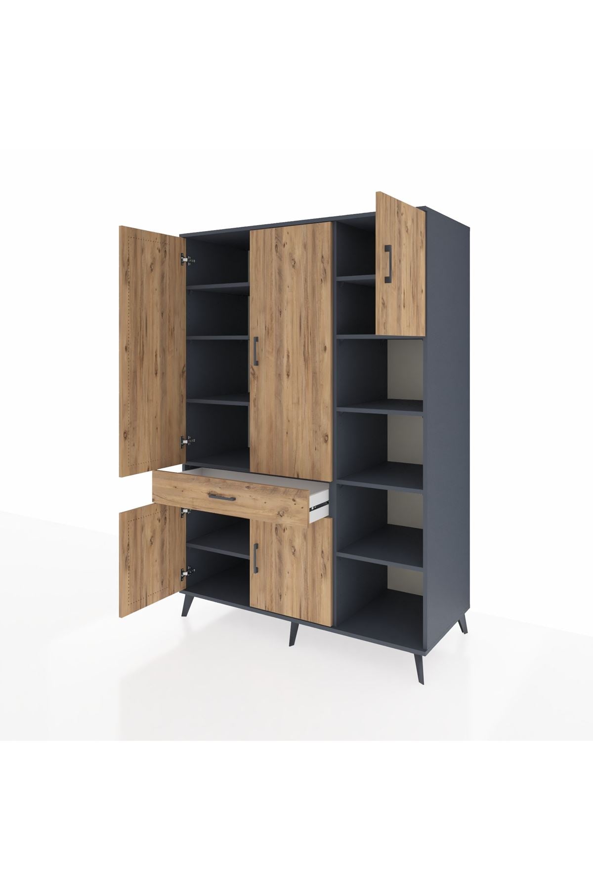 Kronos Dolap 10 Raflı Tek Çekmeceli 5 Kapaklı 132x59x195 Antrasit-Çam/Çam