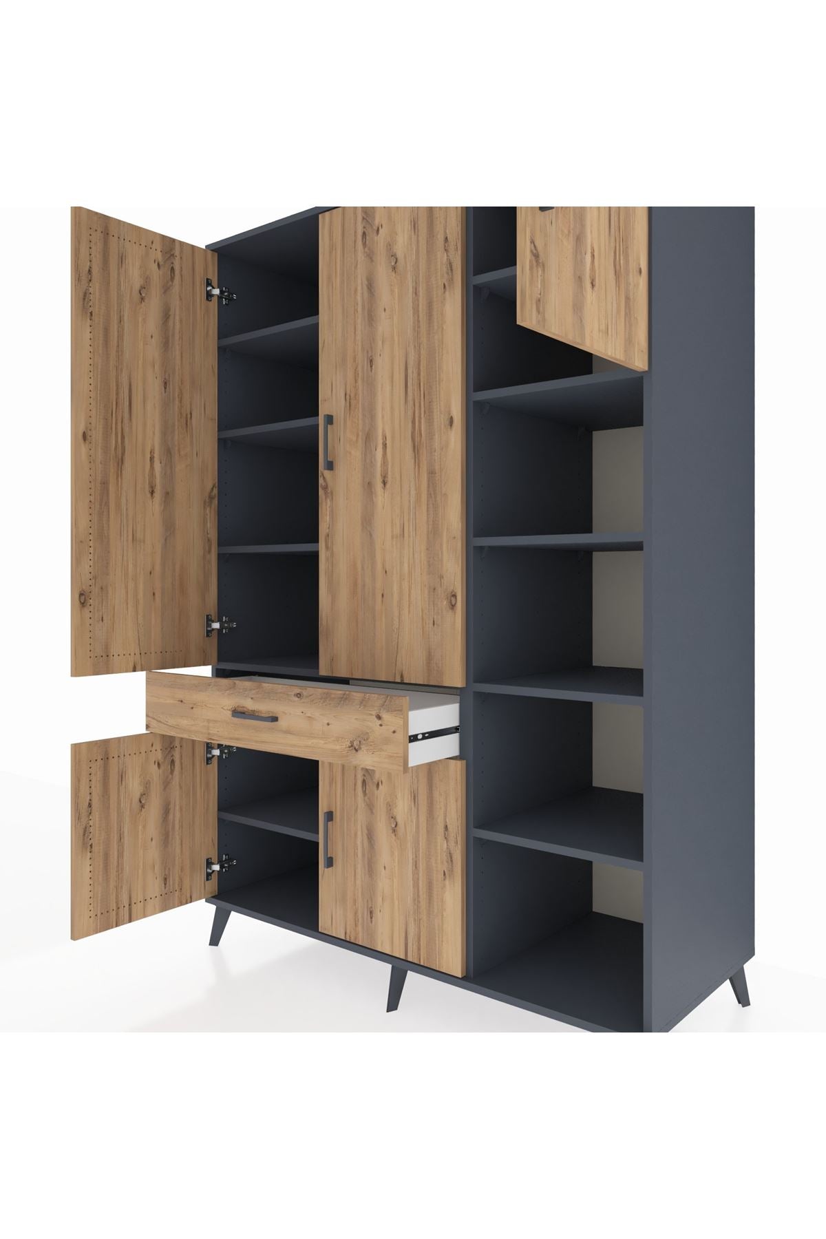 Kronos Dolap 10 Raflı Tek Çekmeceli 5 Kapaklı 132x59x195 Antrasit-Çam/Çam