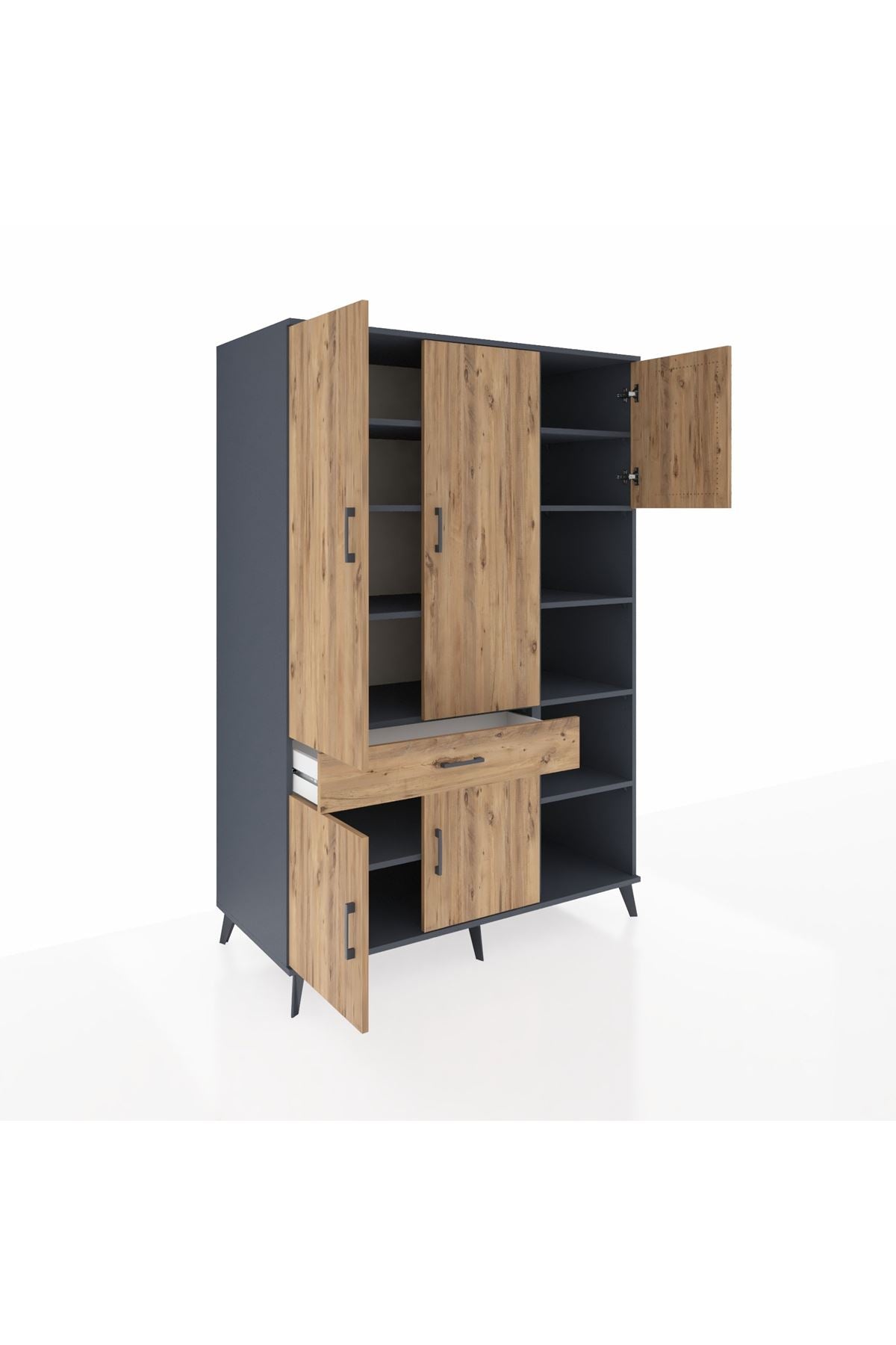 Kronos Dolap 10 Raflı Tek Çekmeceli 5 Kapaklı 132x59x195 Antrasit-Çam/Çam