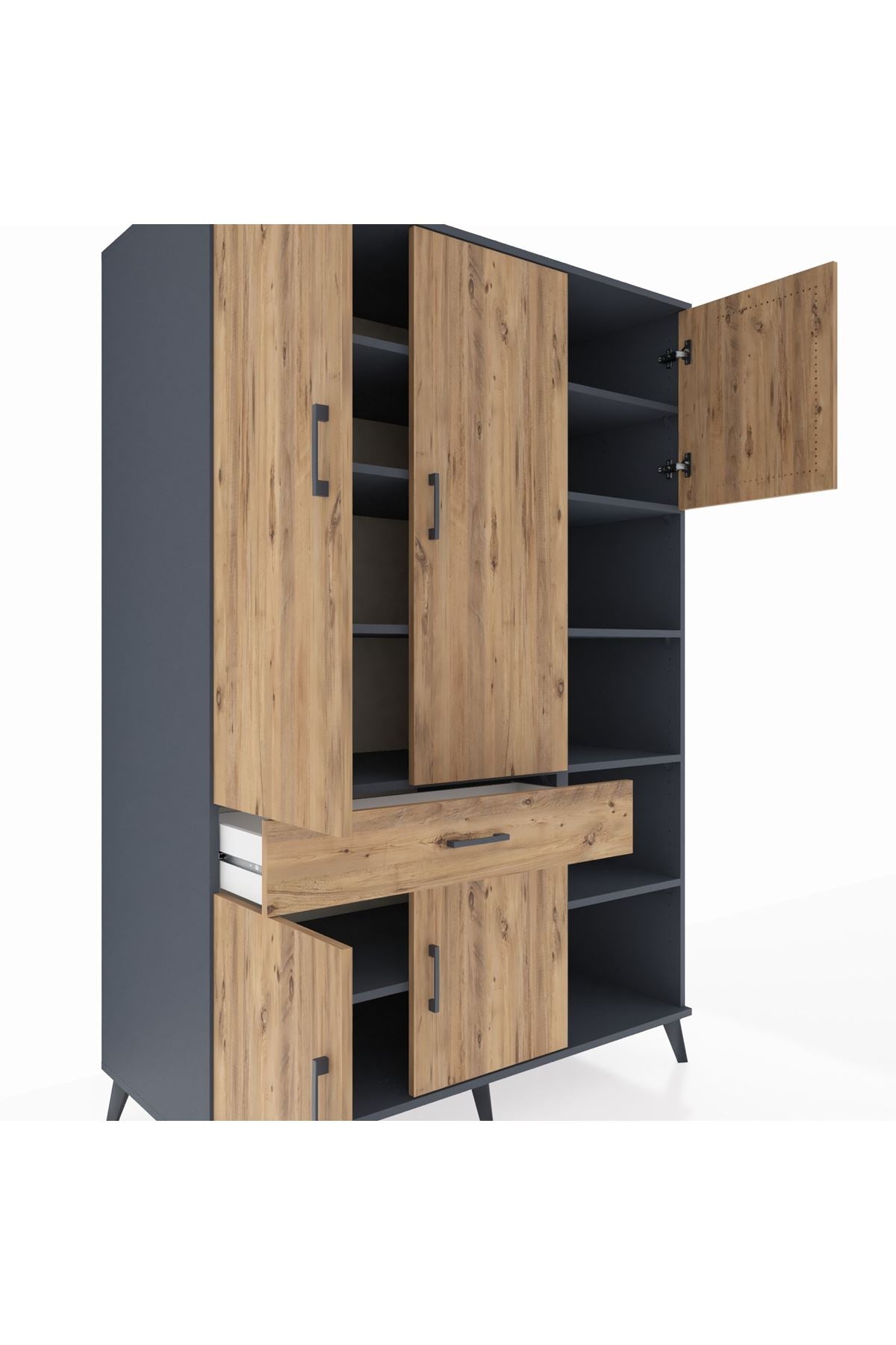 Kronos Dolap 10 Raflı Tek Çekmeceli 5 Kapaklı 132x59x195 Antrasit-Çam/Çam