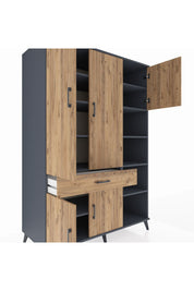 Kronos Dolap 10 Raflı Tek Çekmeceli 5 Kapaklı 132x59x195 Antrasit-Çam/Çam