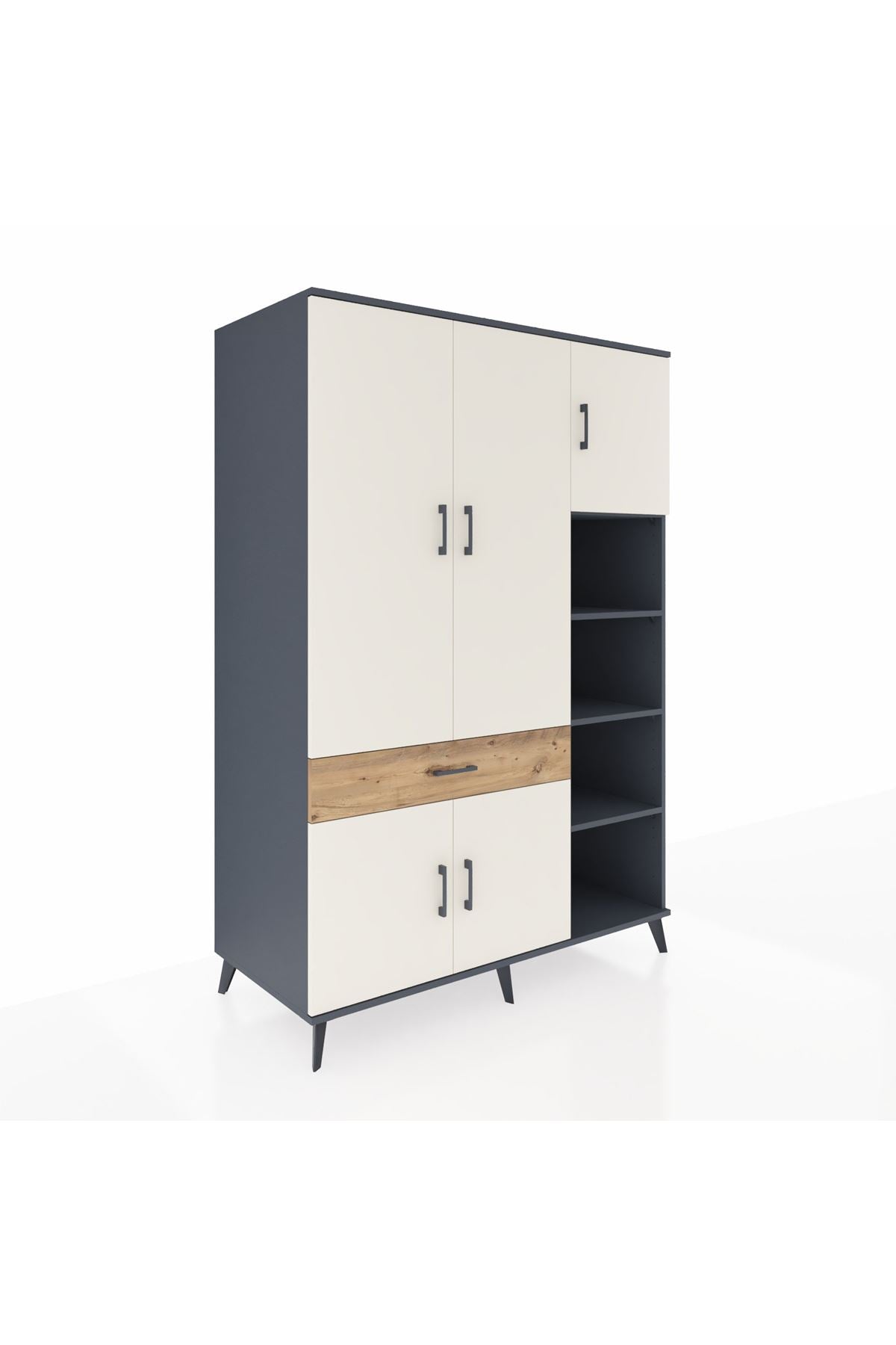 Kronos Dolap 10 Raflı Tek Çekmeceli 5 Kapaklı 132x59x195 Antrasit-Aytaşı/Çam