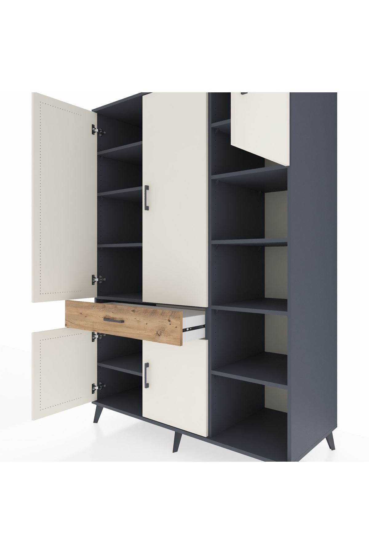 Kronos Dolap 10 Raflı Tek Çekmeceli 5 Kapaklı 132x59x195 Antrasit-Aytaşı/Çam