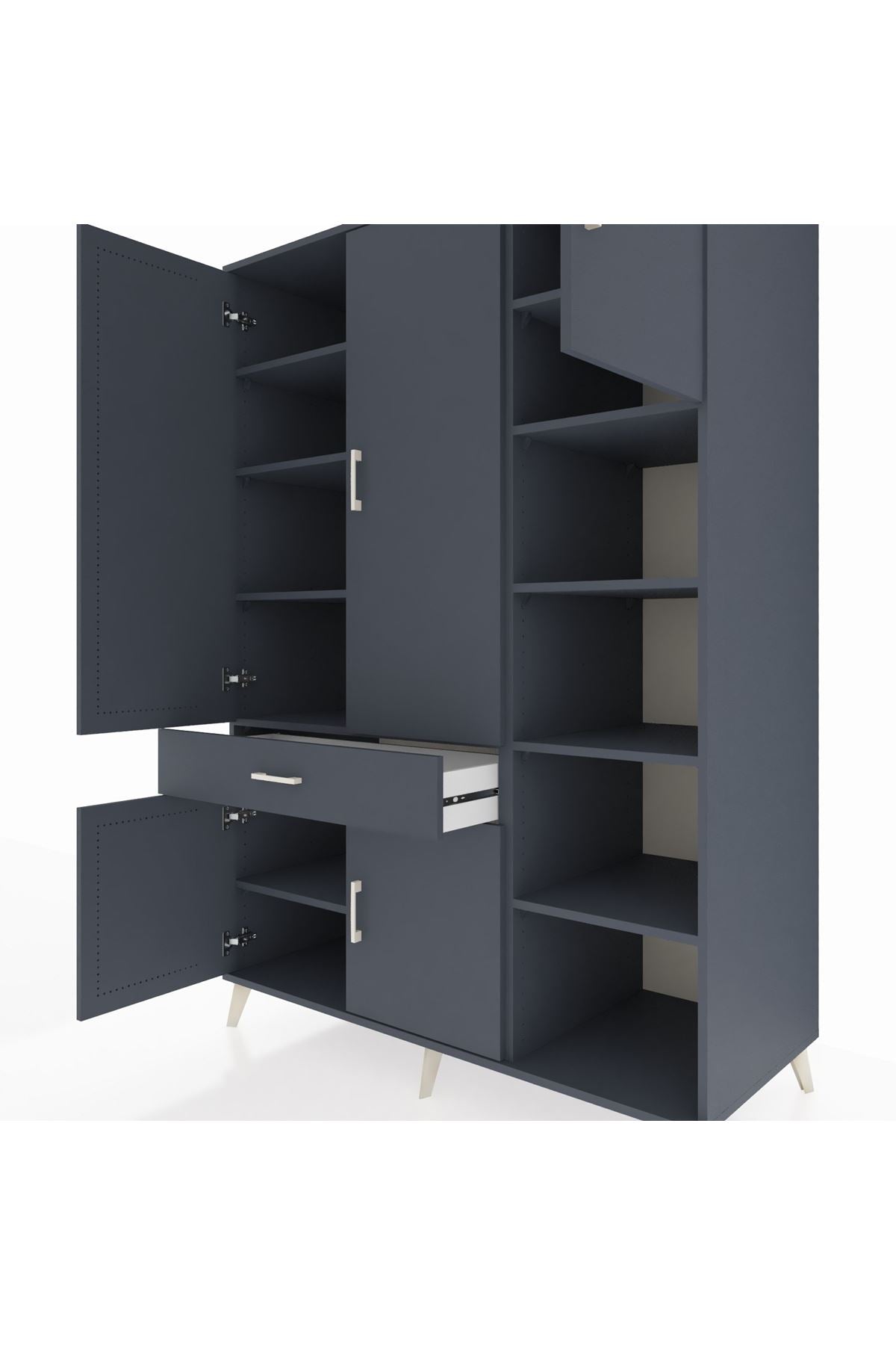 Kronos Dolap 10 Raflı Tek Çekmeceli 5 Kapaklı 132x59x195 Antrasit-Antrasit/Antrasit