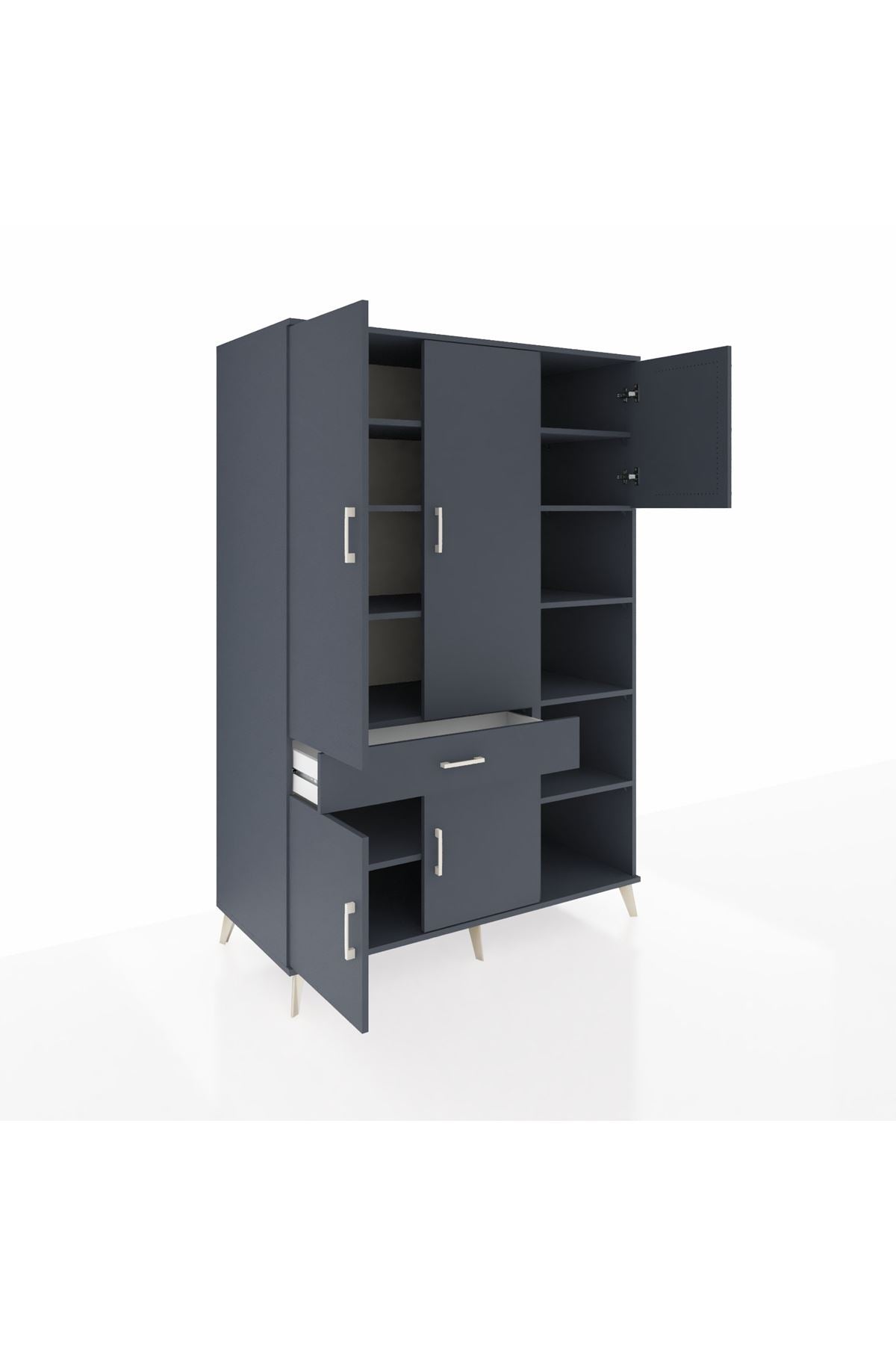 Kronos Dolap 10 Raflı Tek Çekmeceli 5 Kapaklı 132x59x195 Antrasit-Antrasit/Antrasit