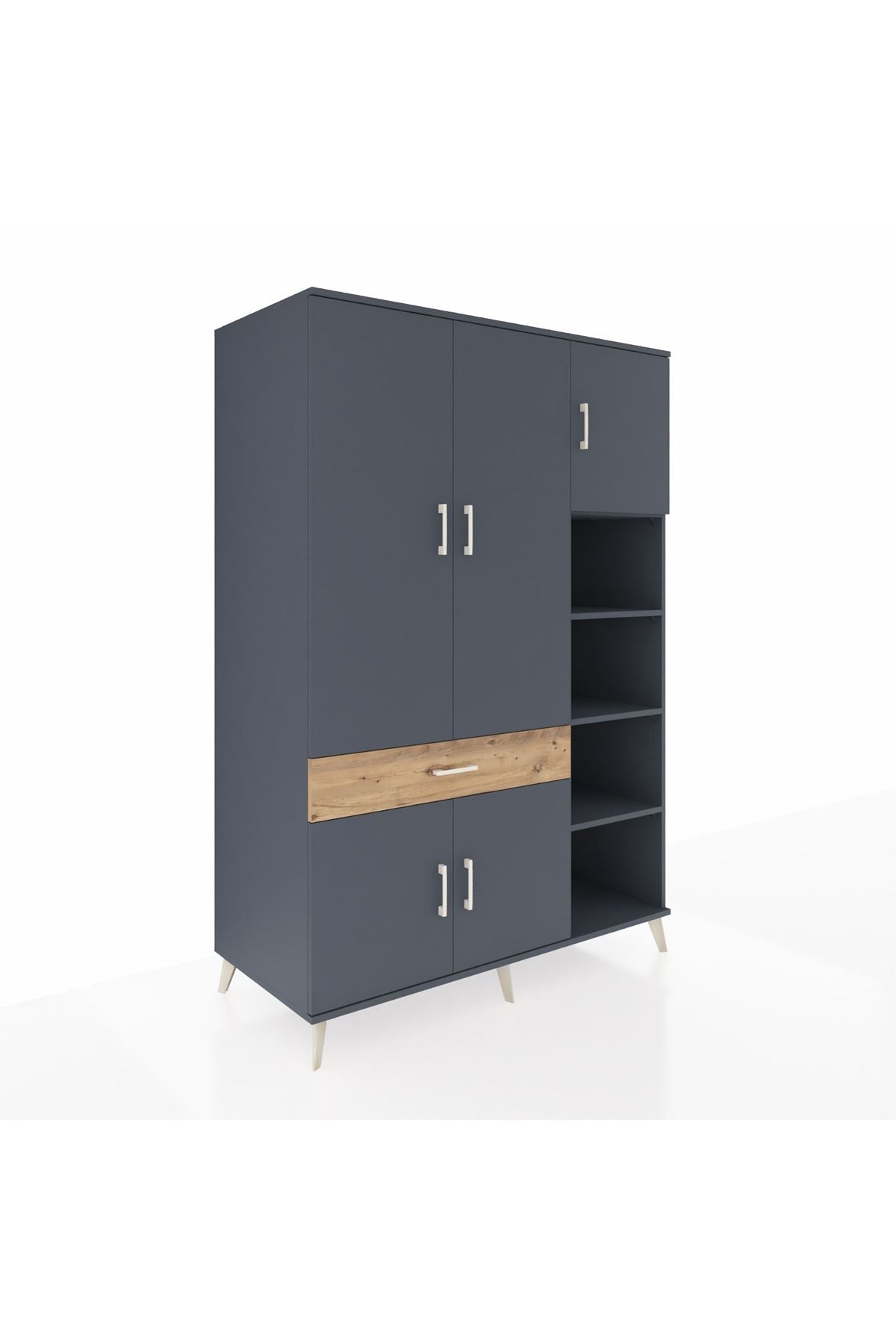 Kronos Dolap 10 Raflı Tek Çekmeceli 5 Kapaklı 132x59x195 Antrasit-Antrasit/Çam