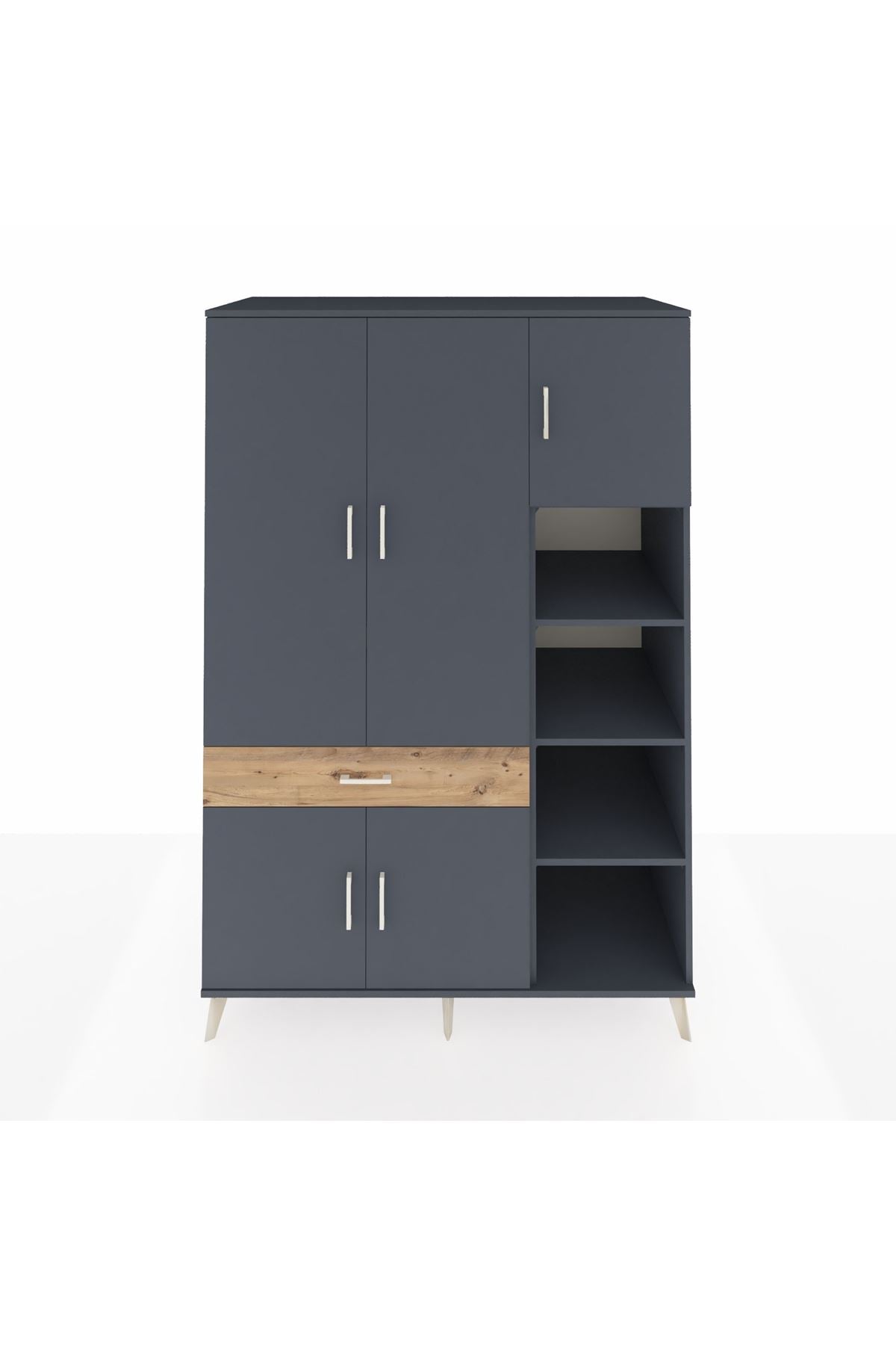 Kronos Dolap 10 Raflı Tek Çekmeceli 5 Kapaklı 132x59x195 Antrasit-Antrasit/Çam