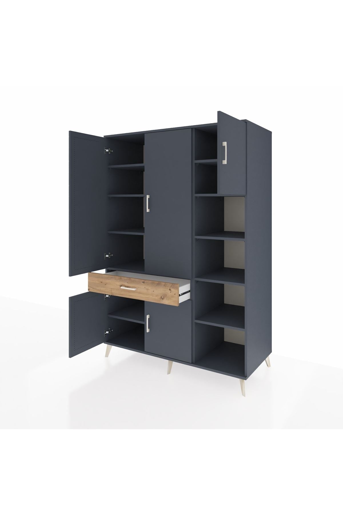 Kronos Dolap 10 Raflı Tek Çekmeceli 5 Kapaklı 132x59x195 Antrasit-Antrasit/Çam