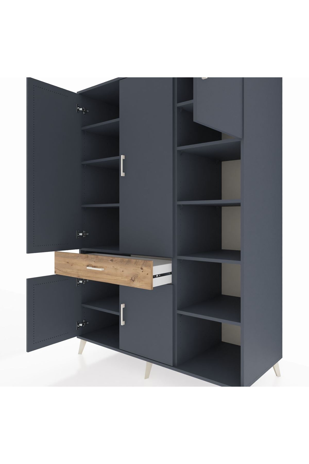 Kronos Dolap 10 Raflı Tek Çekmeceli 5 Kapaklı 132x59x195 Antrasit-Antrasit/Çam