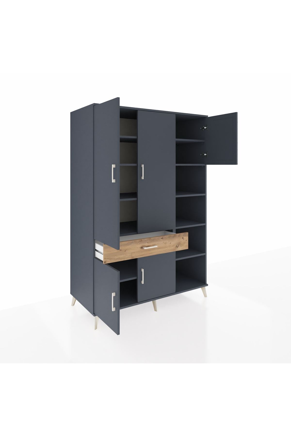 Kronos Dolap 10 Raflı Tek Çekmeceli 5 Kapaklı 132x59x195 Antrasit-Antrasit/Çam