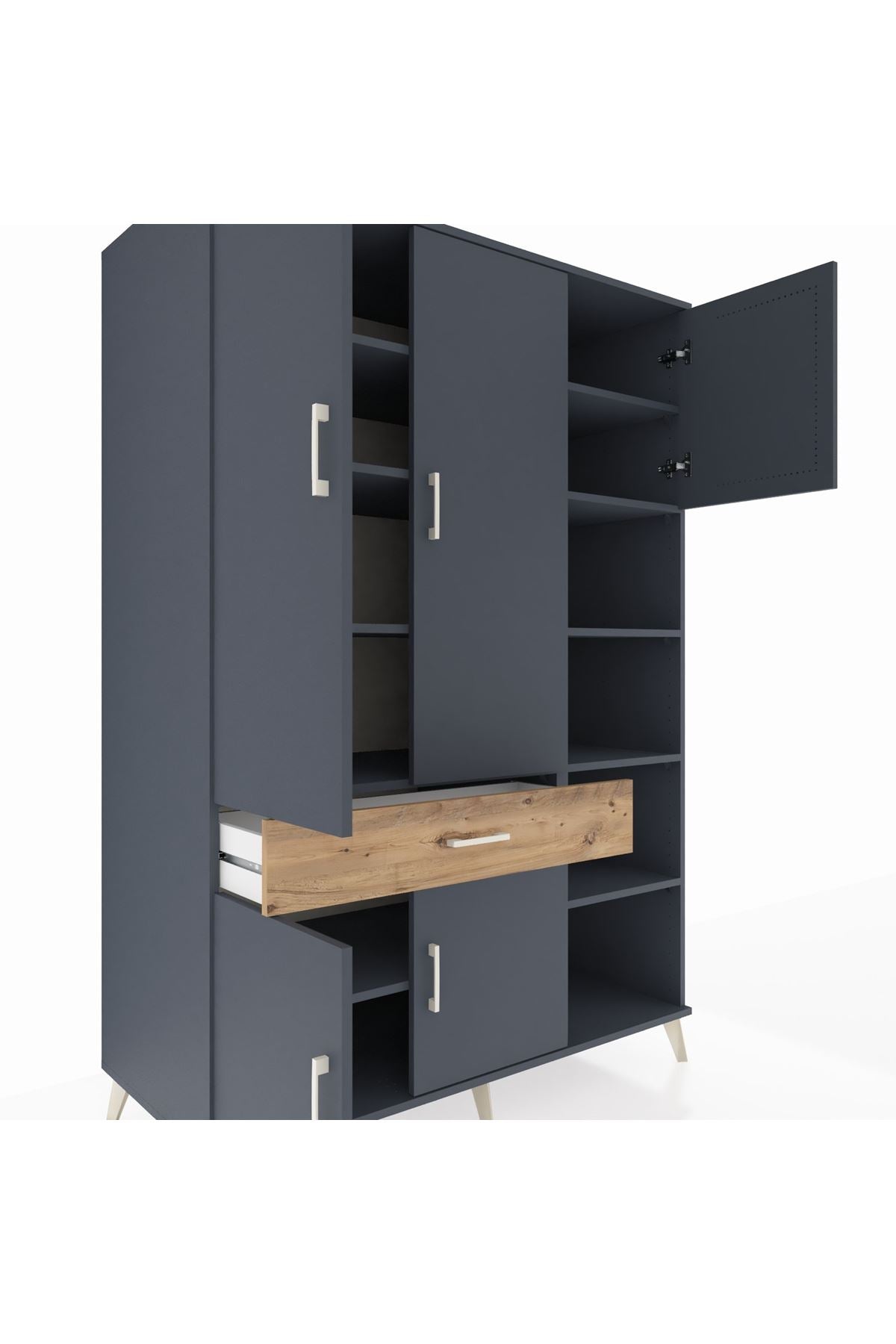 Kronos Dolap 10 Raflı Tek Çekmeceli 5 Kapaklı 132x59x195 Antrasit-Antrasit/Çam