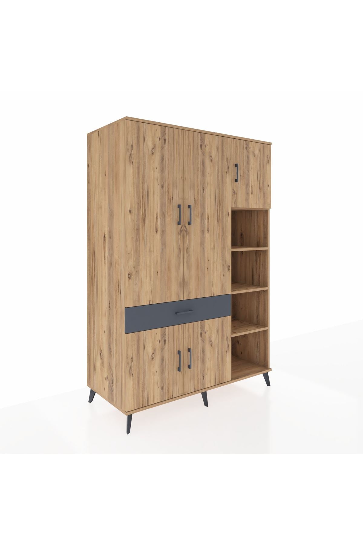 Kronos Dolap 10 Raflı Tek Çekmeceli 5 Kapaklı 132x59x195 Çam-Çam/Antrasit