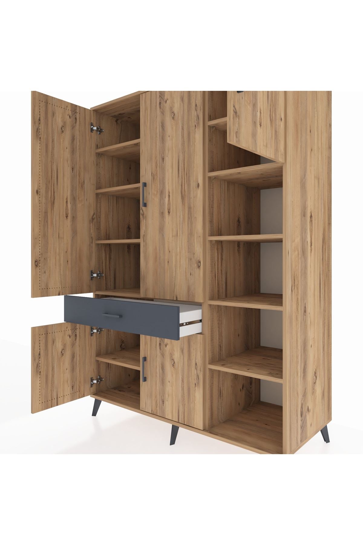 Kronos Dolap 10 Raflı Tek Çekmeceli 5 Kapaklı 132x59x195 Çam-Çam/Antrasit