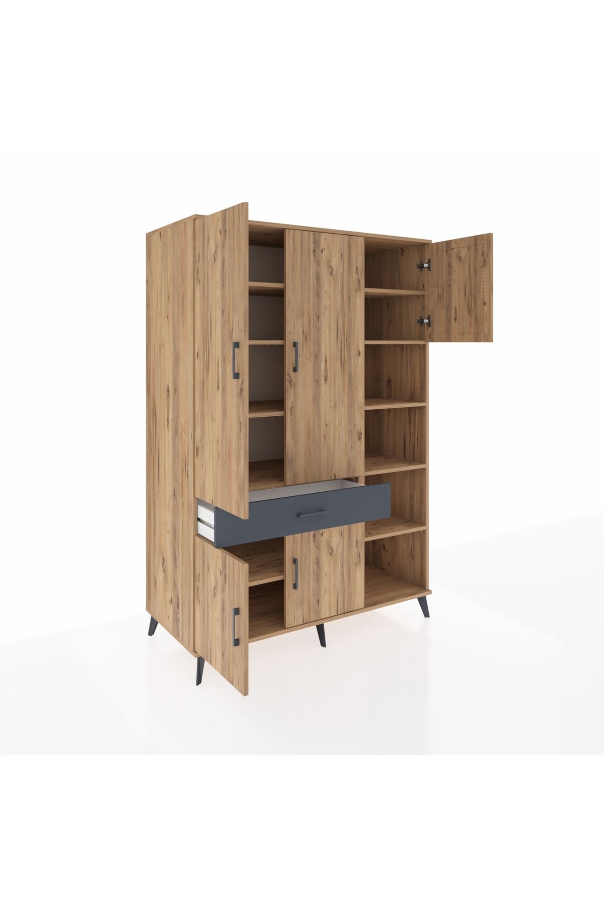 Kronos Dolap 10 Raflı Tek Çekmeceli 5 Kapaklı 132x59x195 Çam-Çam/Antrasit