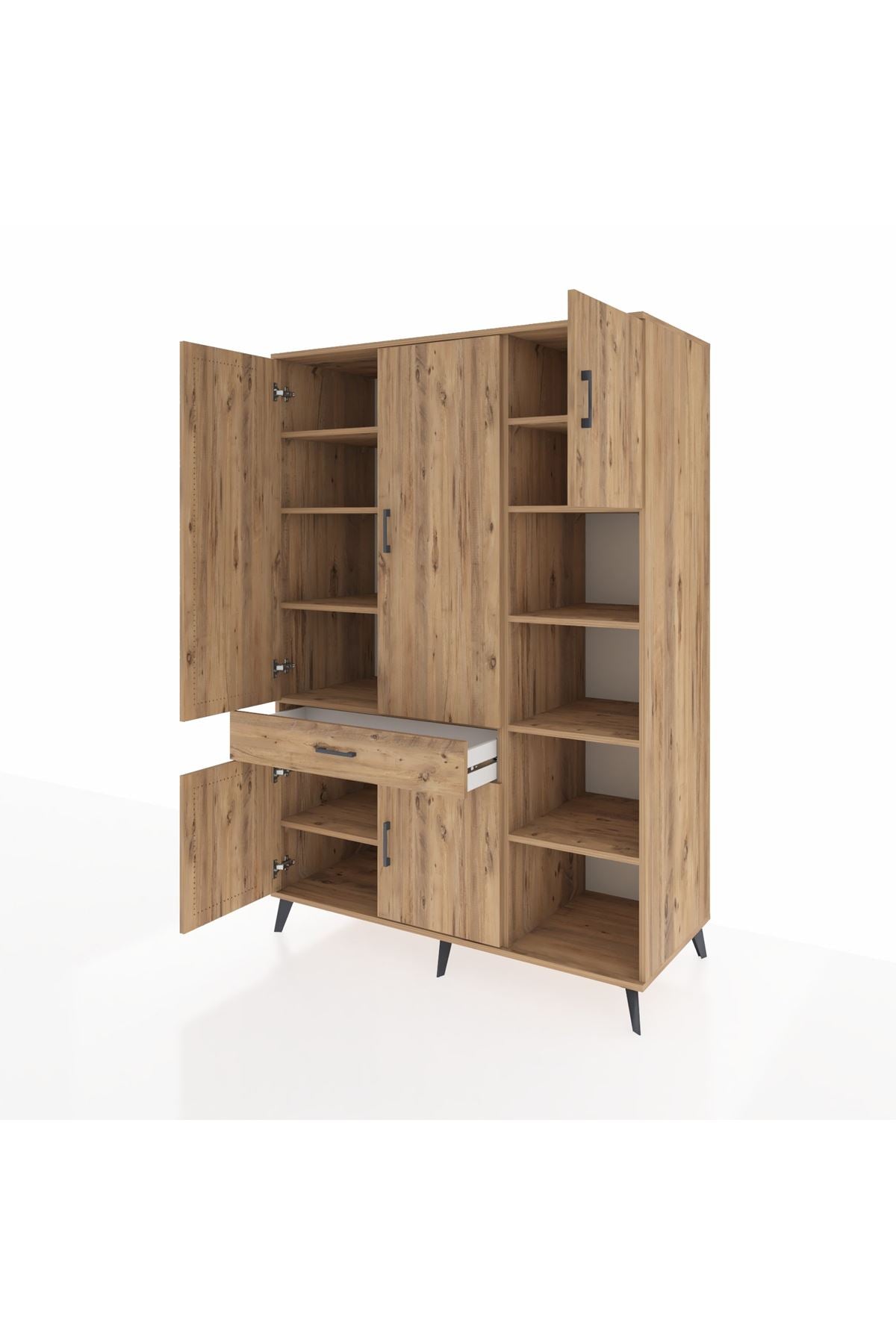 Kronos Dolap 10 Raflı Tek Çekmeceli 5 Kapaklı 132x59x195 Çam-Çam/Çam