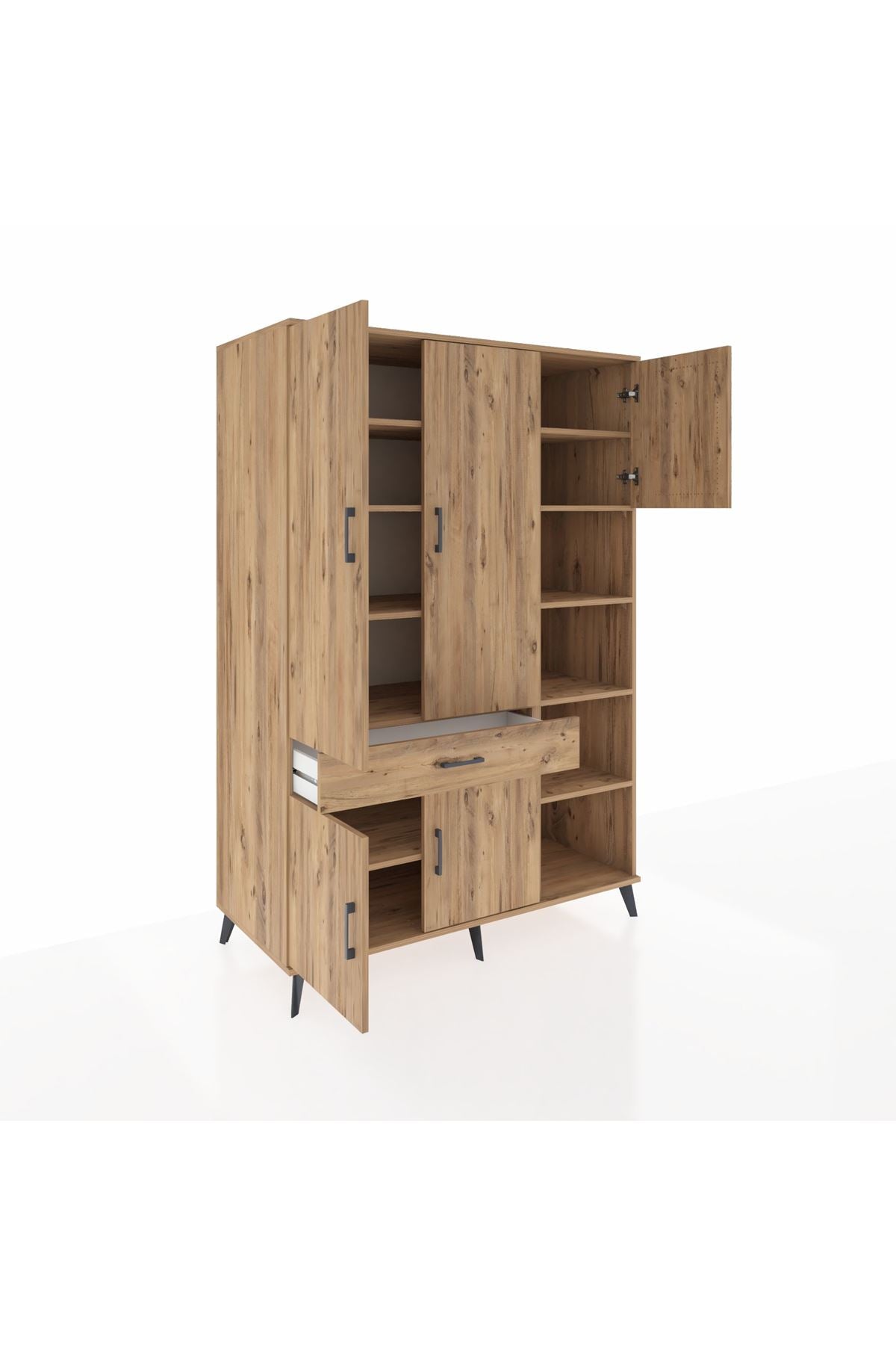 Kronos Dolap 10 Raflı Tek Çekmeceli 5 Kapaklı 132x59x195 Çam-Çam/Çam