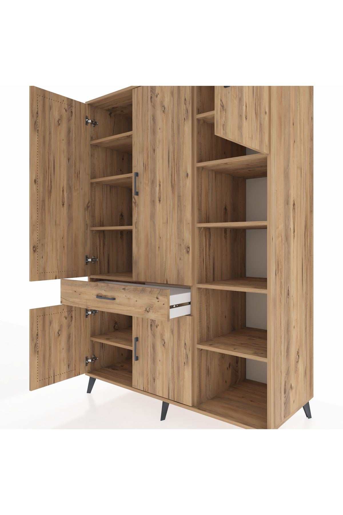 Kronos Dolap 10 Raflı Tek Çekmeceli 5 Kapaklı 132x59x195 Çam-Çam/Çam