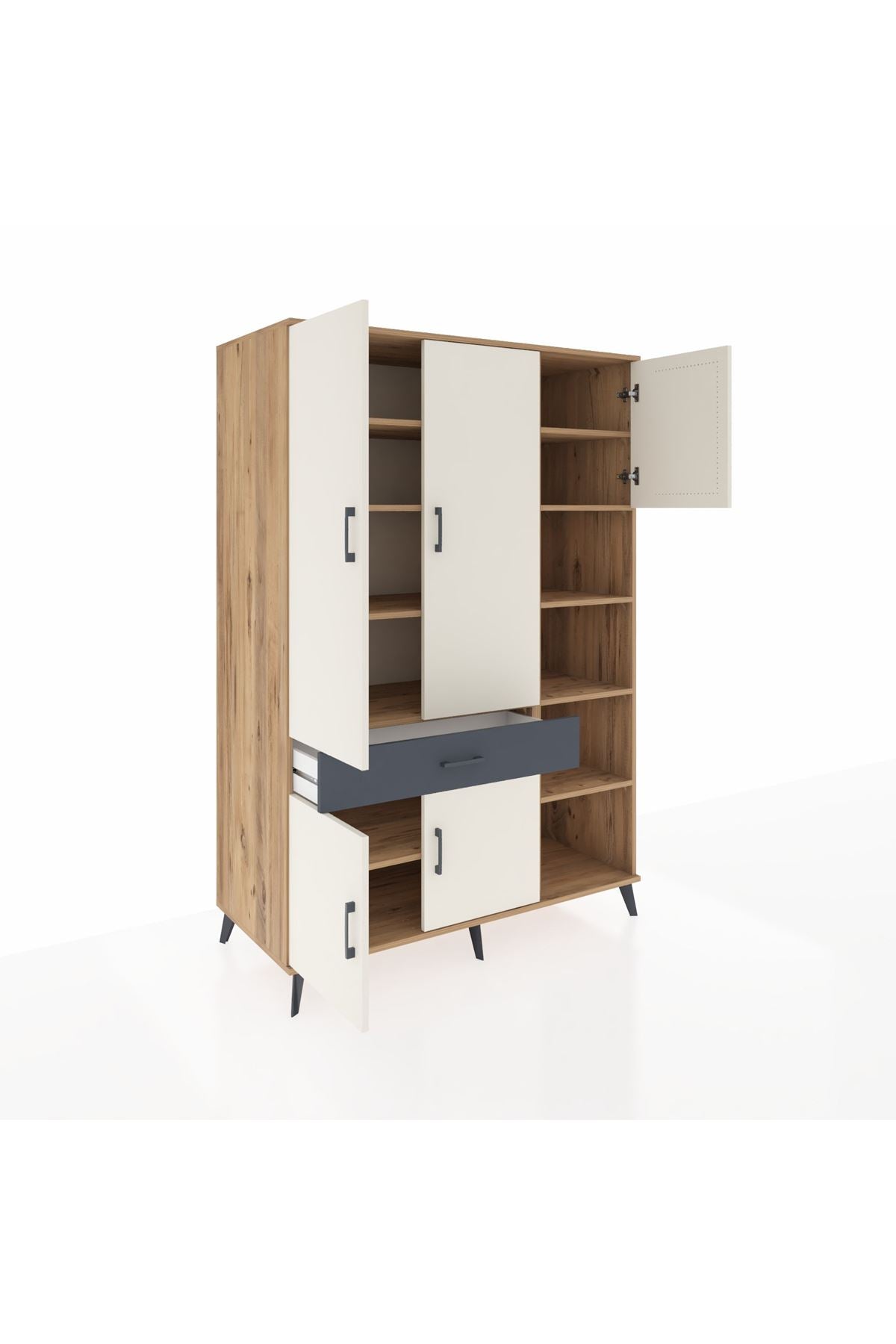 Kronos Dolap 10 Raflı Tek Çekmeceli 5 Kapaklı 132x59x195 Çam-Aytaşı/Antrasit