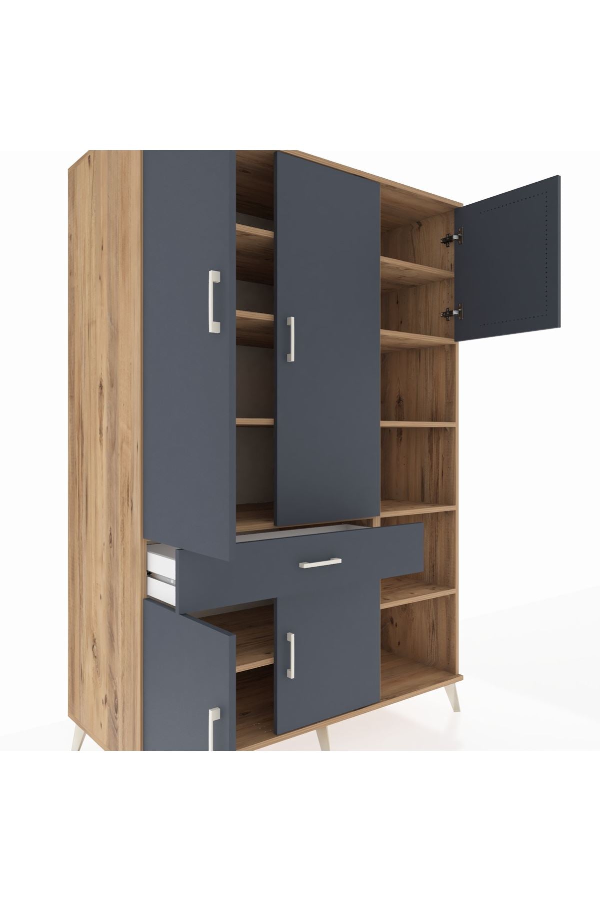 Kronos Dolap 10 Raflı Tek Çekmeceli 5 Kapaklı 132x59x195 Çam-Antrasit/Antrasit