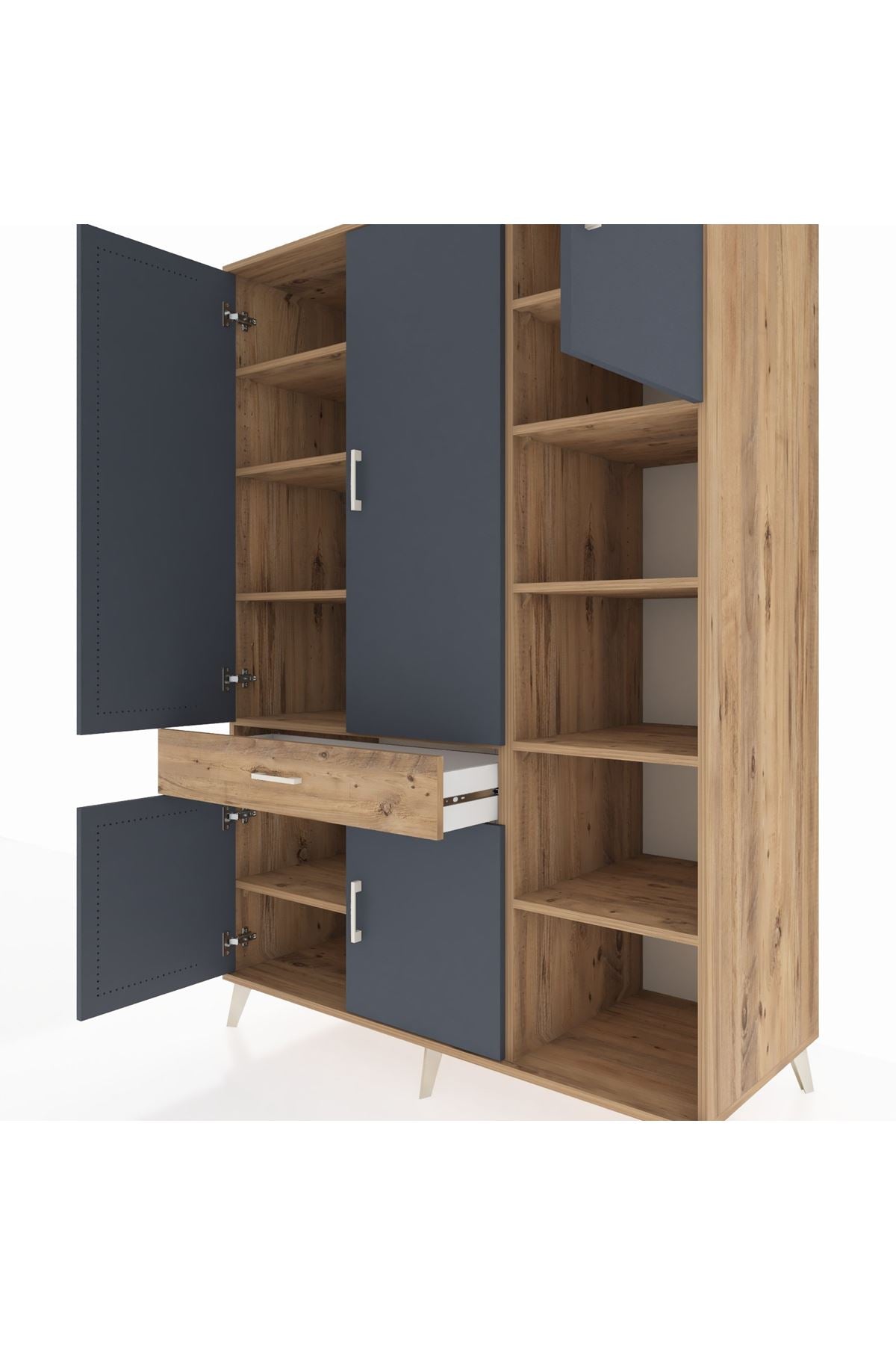 Kronos Dolap 10 Raflı Tek Çekmeceli 5 Kapaklı 132x59x195 Çam-Antrasit/Çam