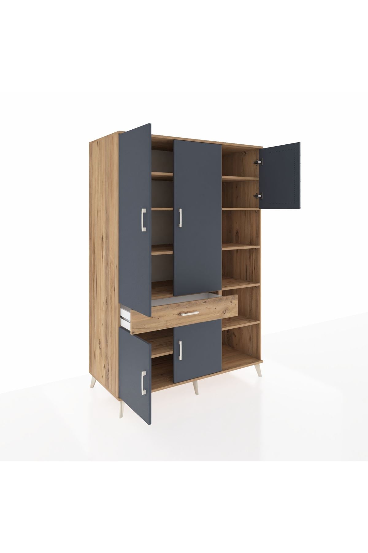 Kronos Dolap 10 Raflı Tek Çekmeceli 5 Kapaklı 132x59x195 Çam-Antrasit/Çam