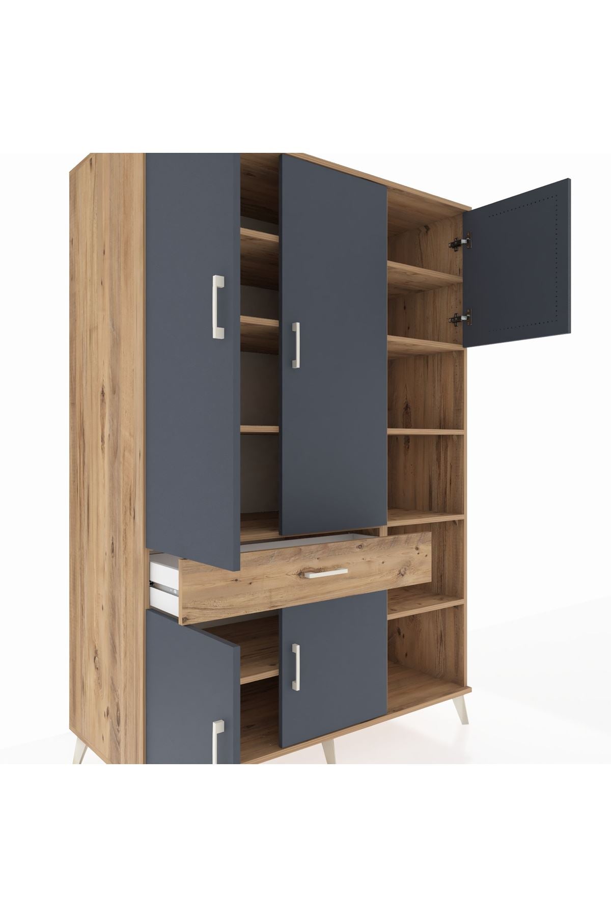 Kronos Dolap 10 Raflı Tek Çekmeceli 5 Kapaklı 132x59x195 Çam-Antrasit/Çam